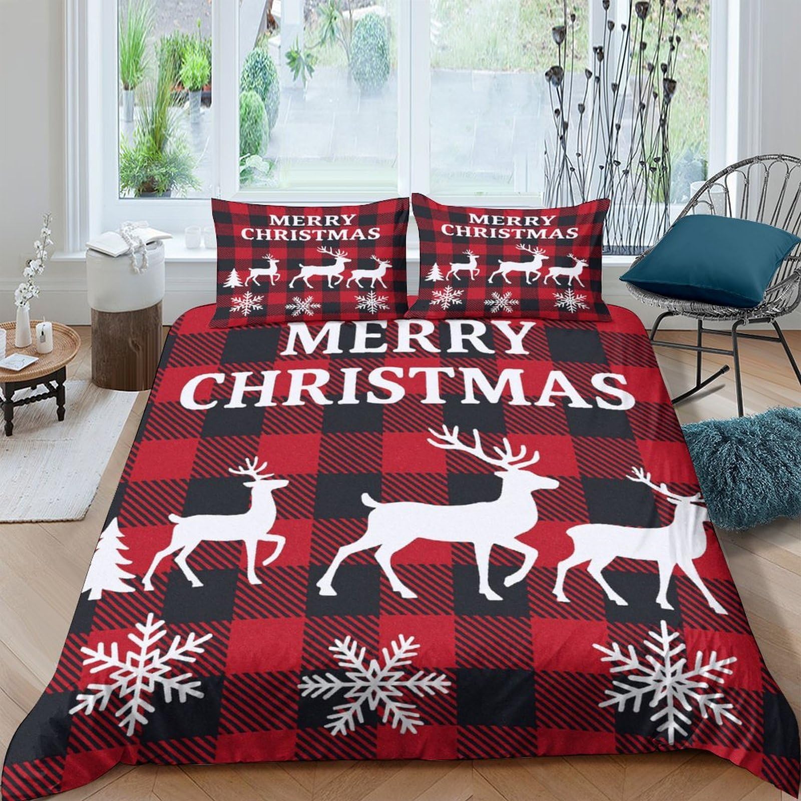Ctjqhvkz Style-4 3D Printed Christmas Red Plaid Fitted Sheet Microfiber Snowflake Reindeer Bed Cover Soft Washable Decor For Bedroom Guest Room Single（135X200cm）