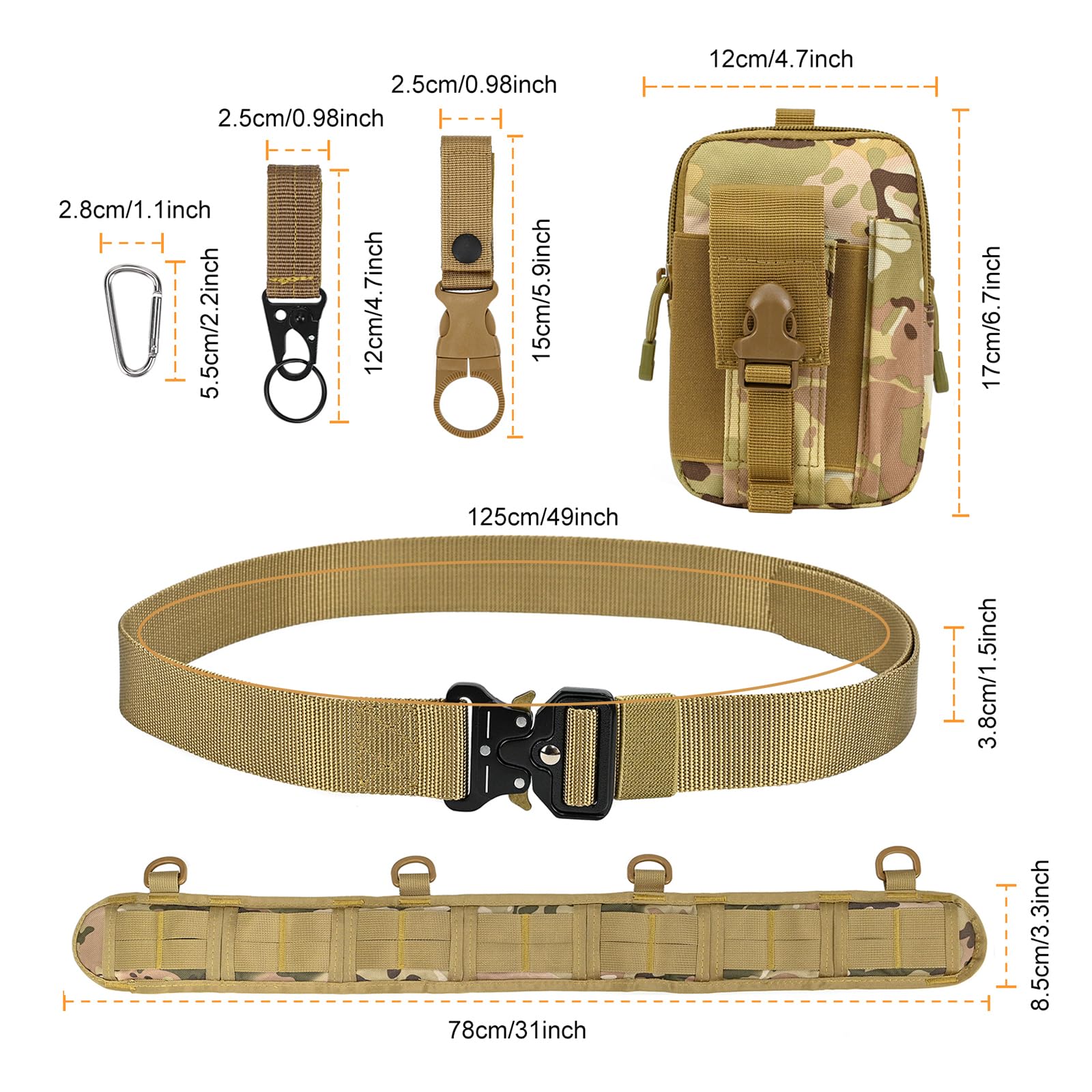 LUUFAN Juego de cinturón táctico militar, cinturón de trabajo nailon ajustable con hebilla de metal resistente para actividades al aire libre (colores caqui y)