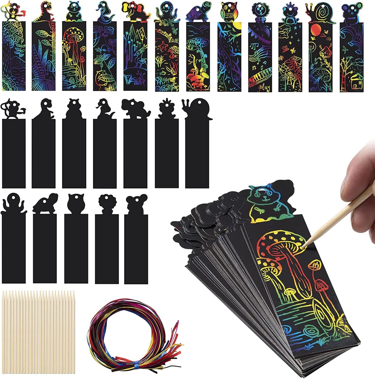 Animal Magic Scratch Art Bookmarks, 48Pcs DIY Bookmark Crafts with 100 Pieces Colorful Ropes and 20 Pieces Wood Stylus for DIY Crafts Supplies