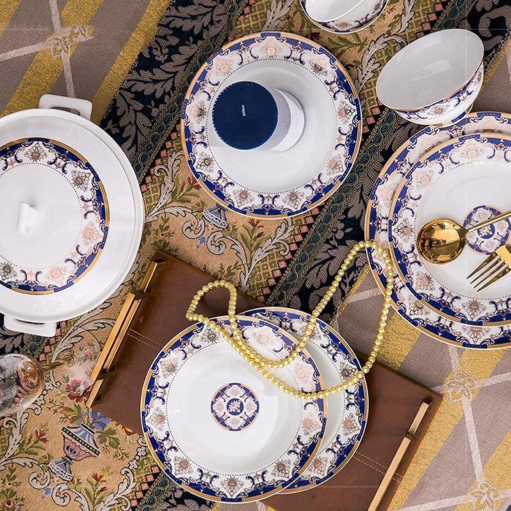Stylowy 48-częściowy ceramiczny serwis stołowy, niebieski, luksusowy, Phnom Penh Bone China zastawa stołowa, zastawa stołowa na wesele, zestaw talerzy i misek