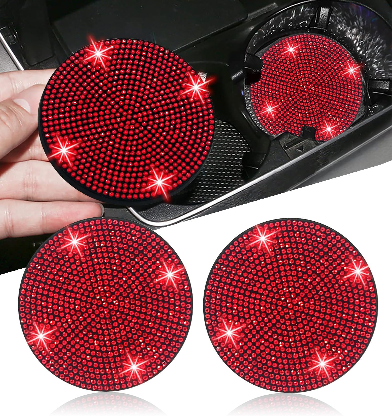 NBTEPEM 2pcs Bling Car Cup Holder Coaster, 2.75 inch Anti-Slip Shockproof Universal Fashion Car Coasters Insert Bling Crystal Rhinestone Automotive Interior Accessories for Women (2 pcs, Red)