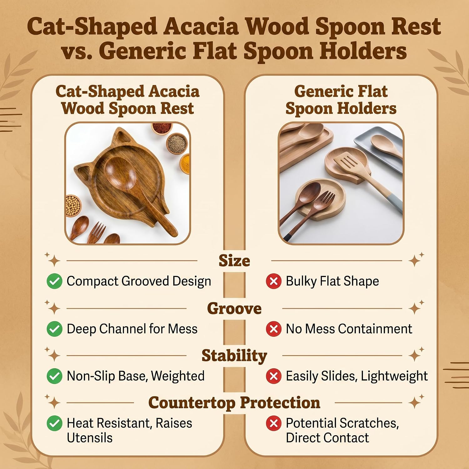 Cat-Shaped Spoon Rest, Acacia wood spoon holder, Heat-Resistant Multifunctional Kitchen Utensil Holder for Kitchen Countertop for Ladles, Turner, Brush, Spatula