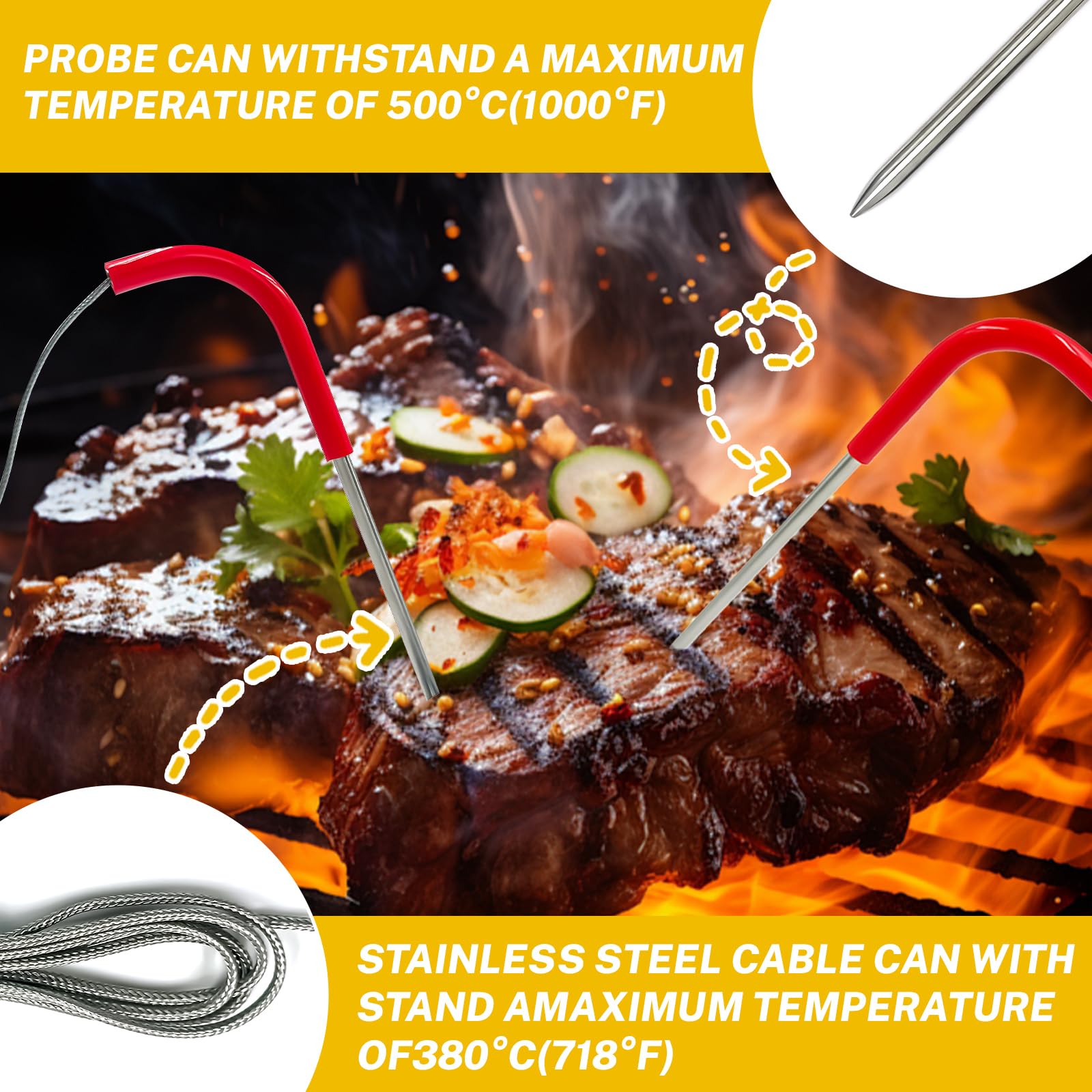 Sonda di temperatura per carne per griglie a pellet e accessori per affumicatori, con spina da 3,5 mm, con 2 sonde per carne, occhielli, cilindri