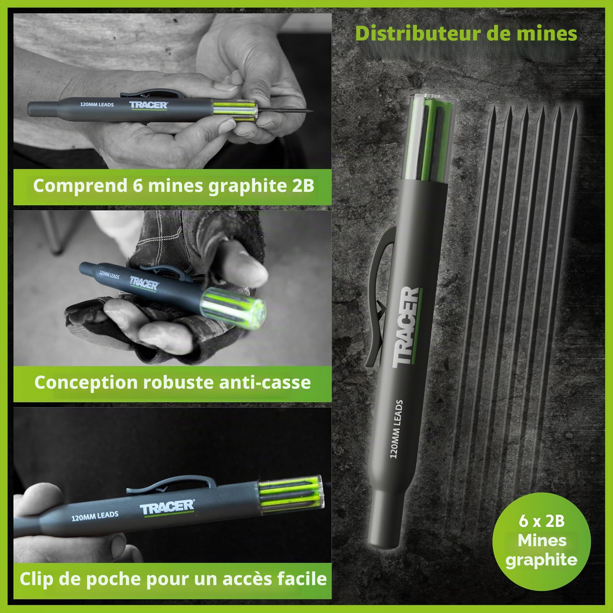 Tracer Outil ProScribe avec crayon à trou profond, étui à mine et étui de transport (bricolage, travail du bois et menuiserie outil multifonction à
