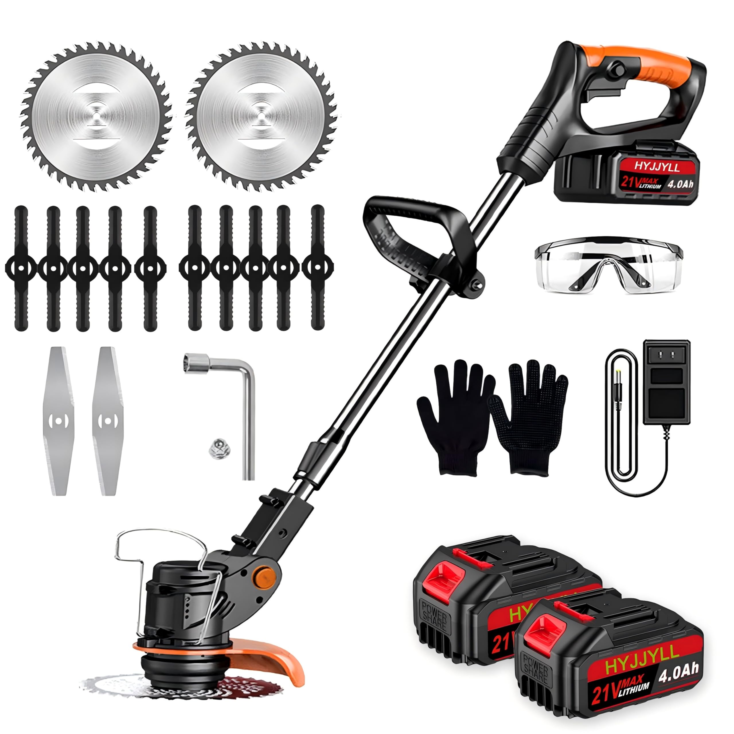 Weed Wacker Cordless, Electric Weed Eater Brush Cutter 21V with 3 Types Blades and 2x4.0Ah Battery Powered, 3.9 lbs, 3 in1 Grass Trimmer/Stringless Weed Wacker/Brush Cutter, for Yard Lawn