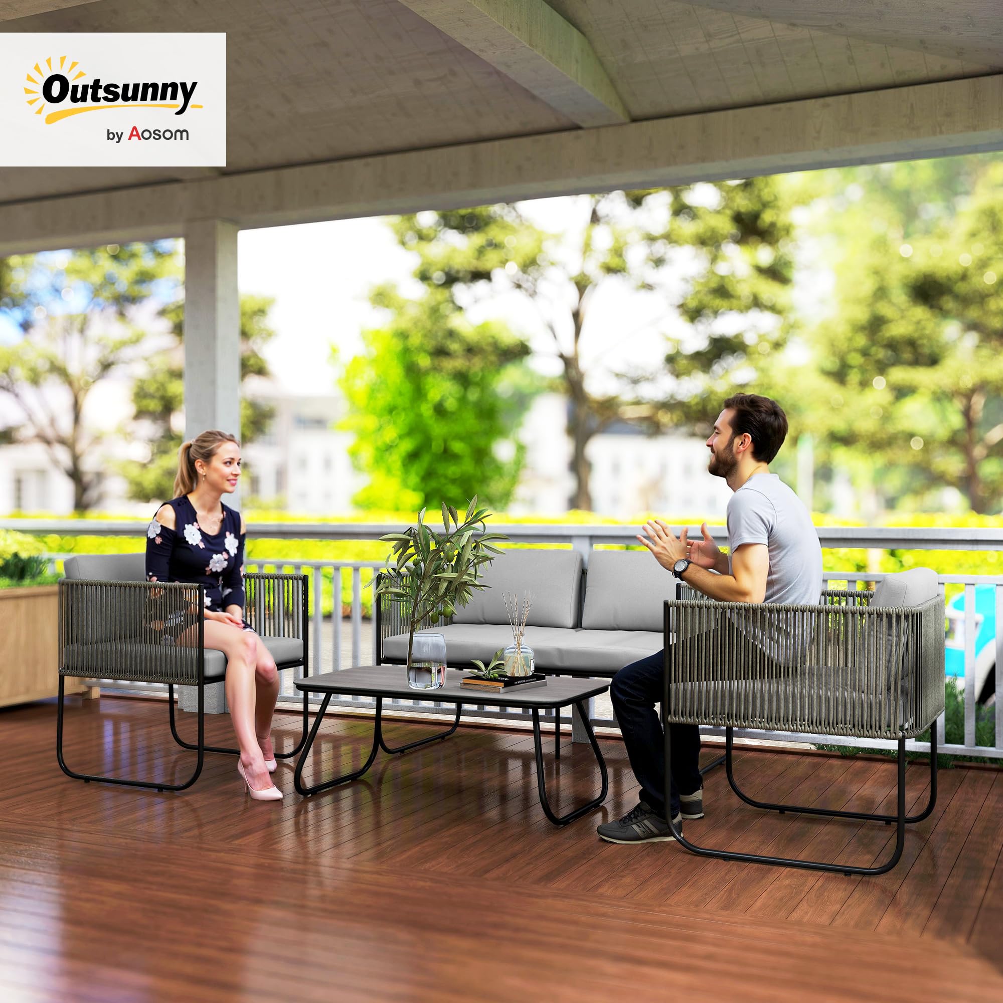 Outsunny Set di Mobili da Giardino in Rattan 4 Pezzi, Salotto da Esterno con Divanetto 2 Posti, 2 Poltrone, Tavolo da Caffè in Vetro e Cuscini Lavabili, Set Giardino Esterno in Acciaio, Grigio Chiaro