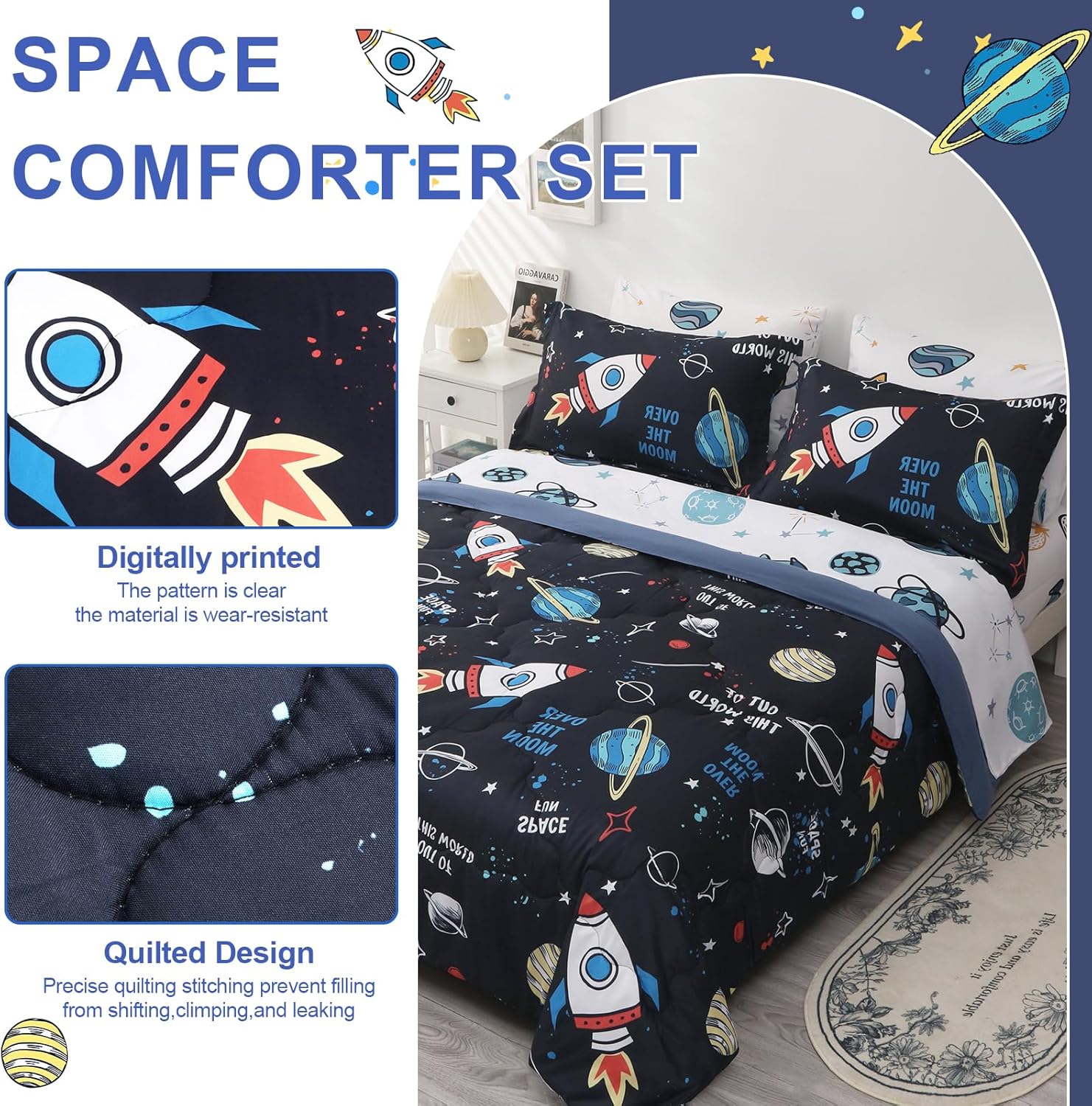 Wajade Kids Space Comforter Set Bed in A Bag Full Size 7 Piece 3D Space Rocket Planets Bedding Set for Teens Boys Girls (1 Comforter, 1 Flat Sheet, 1 Fitted Sheet, 2 Pillowcase and 2 Pillow Sham) - Image 2
