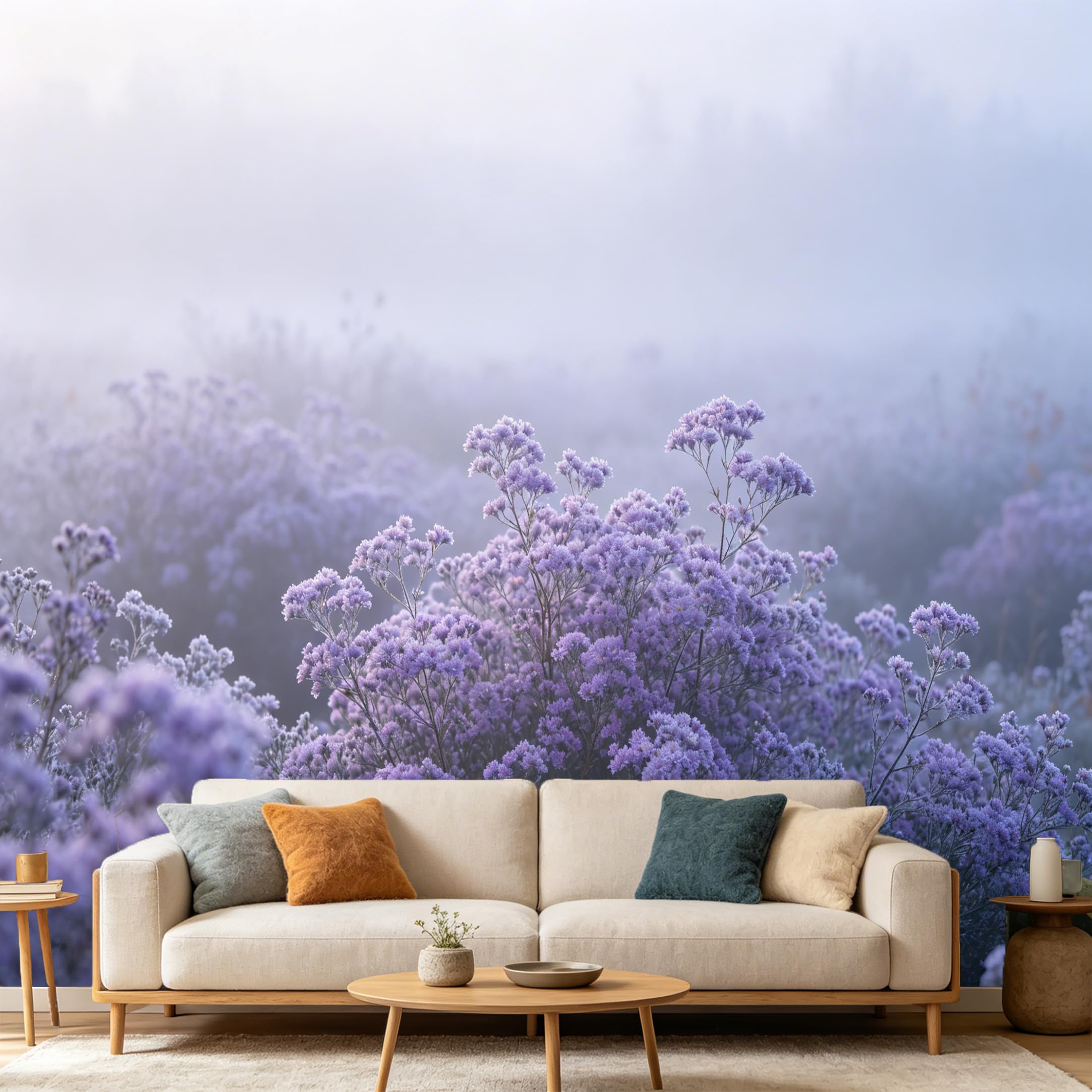 Custom Size Wall Mural Misty Botanical Lavender Flowers Landscape Morning Foggy Meadow Nature View SelfAdhesive Art Prints wall Fabric（No PVC） Removable Wallpaper Home Bedroom Decor