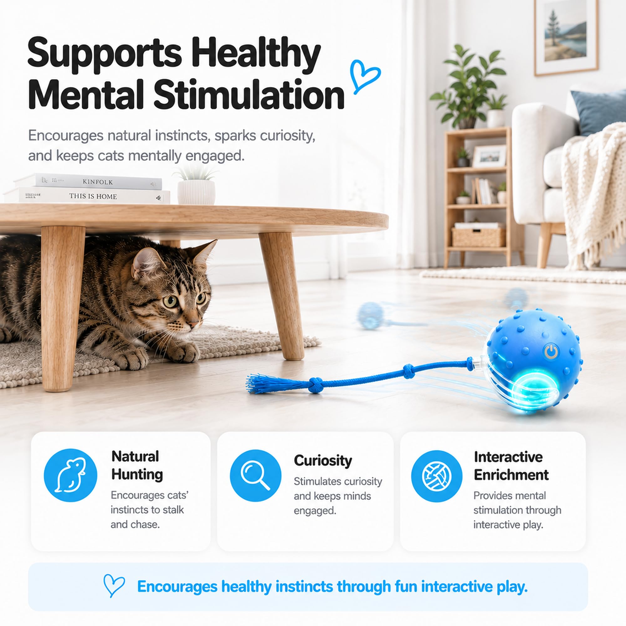 AWISH Interaktives rollendes Katzenballspielzeug, bewegungsaktiviertes Zwitscher-Spielzeug für Indoor-Katzen, schnell auf Teppich und Hartböden (Blau)