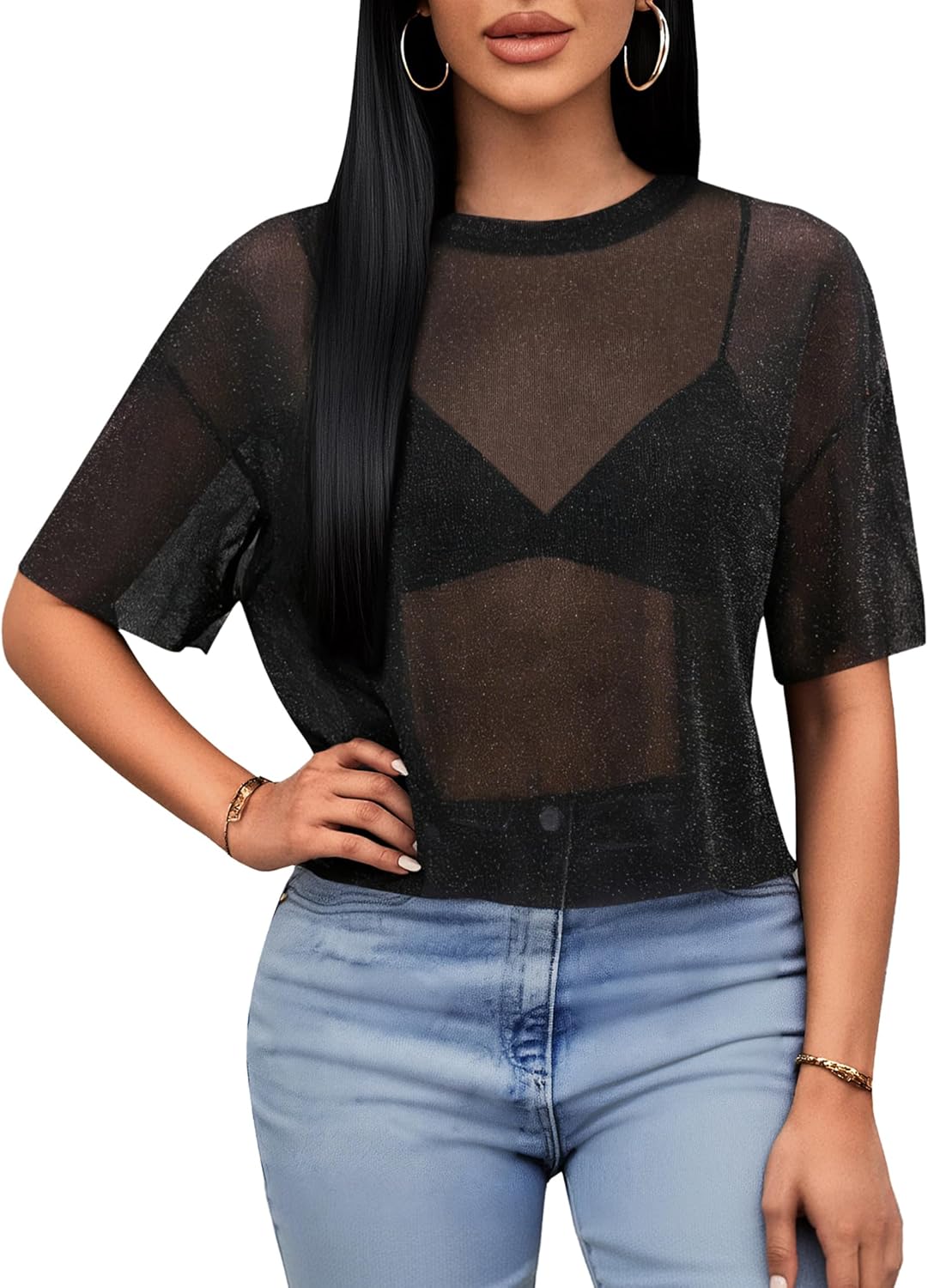 Remidoo Womens Sheer Mesh Tops Short Sleeve Crop Top Crewneck Loose T Shirt