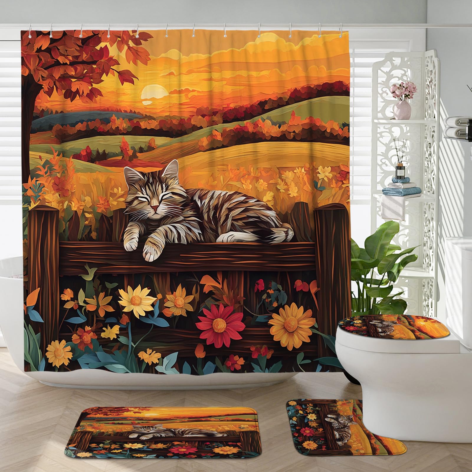 4PCS Fall Cats Kitten Bathroom Accessory Sets with Non-Slip Rug, U Shape and Toilet Lid Cover Mat, Autumn Country Fence Bathroom Fabric Decor-72''x72''