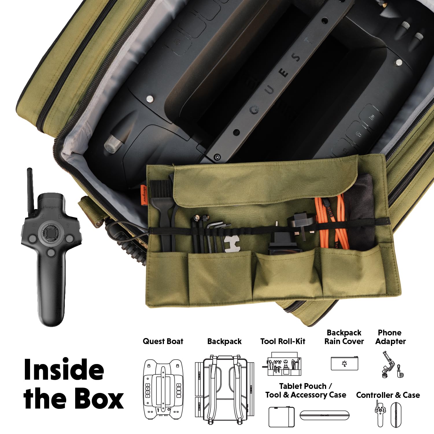 Deeper Quest Barca per esche da pesca con CHIRP Sonar, batteria fino a 7 ore, pilota auto GPS e sistema di consegna silenzioso per la pesca alla carpa