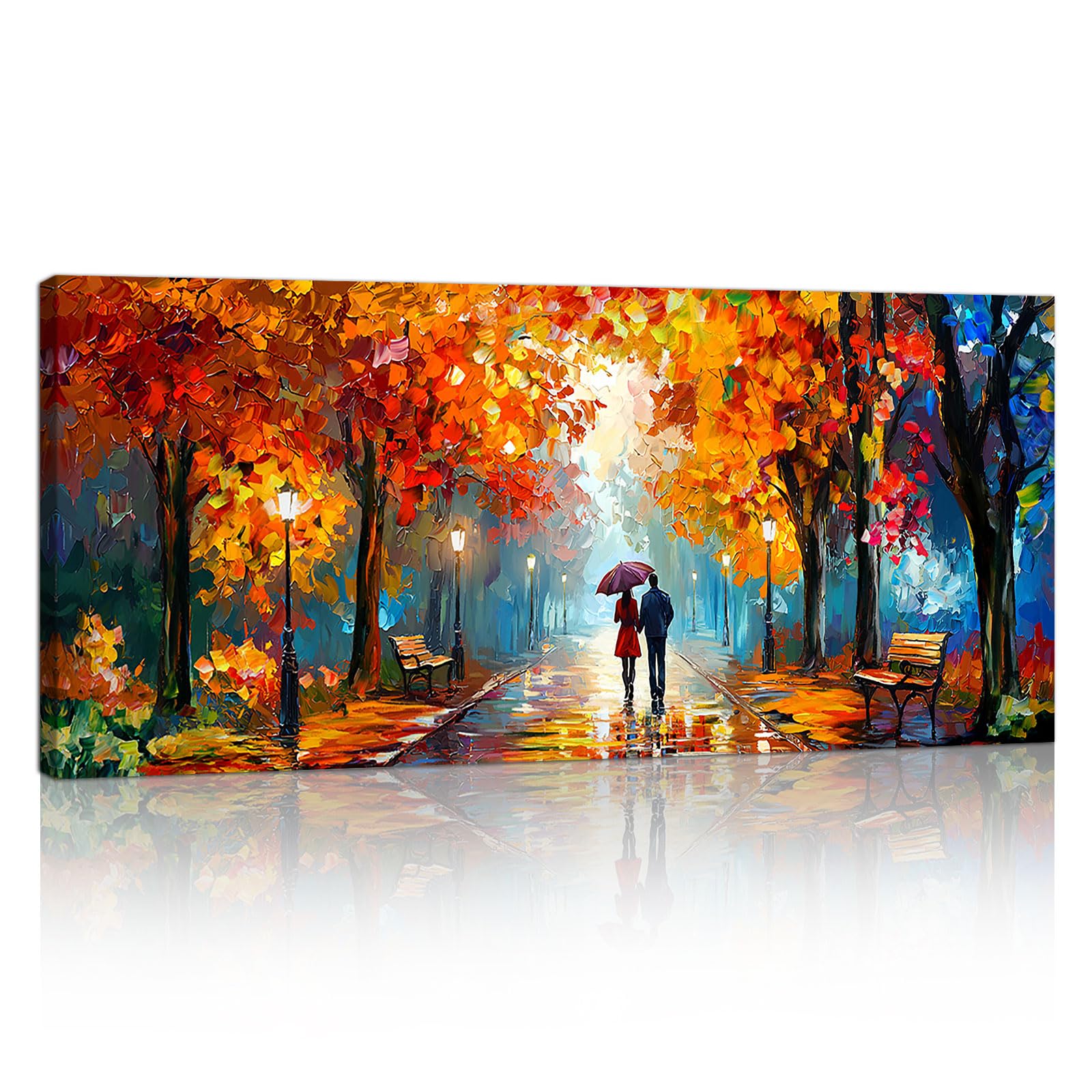 Groß Leinwandbilder Bilder Mit Rahmen, Orange Rot Herbst Park bild auf leinwand Wandkunst Modern Wandbilder Kunstdruck Gemälde Deko für Wohnzimmer Schlafzimmer, fertig zum Aufhängen 50×120cm