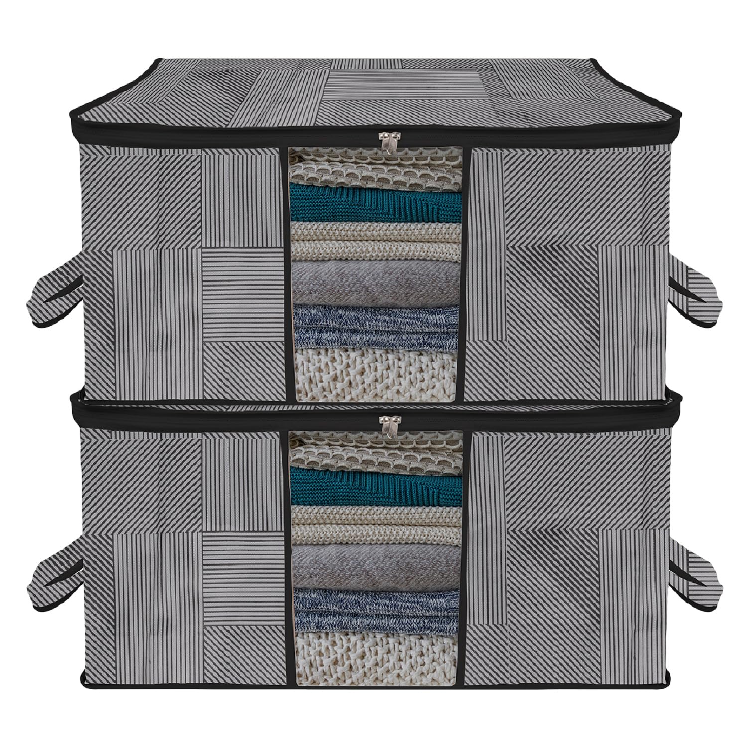 Kuber Industries Underbed Storage Bag | Clothes Storage Organizer | Blanket Cover with Clear Window | Zipper Closure & Handle Cloth Organizer | Lining-Design | Large | Pack of 2 | Gray-image-42
