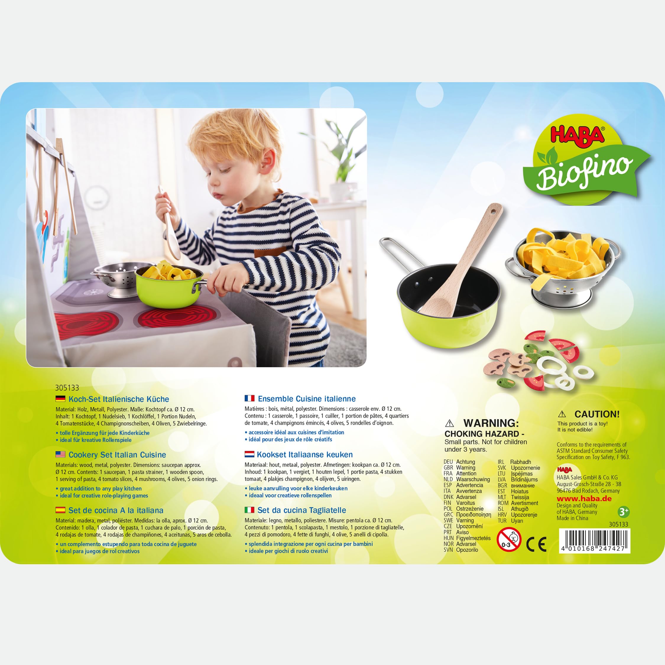 HABA 305133 - Set Cucina Italiana, Accessori per la Cucina dei Bambini, con pentola e Molti Strumenti di Gioco, Giocattolo per Bambini dai 3 Anni in su, Perfetto per Giochi di Ruolo