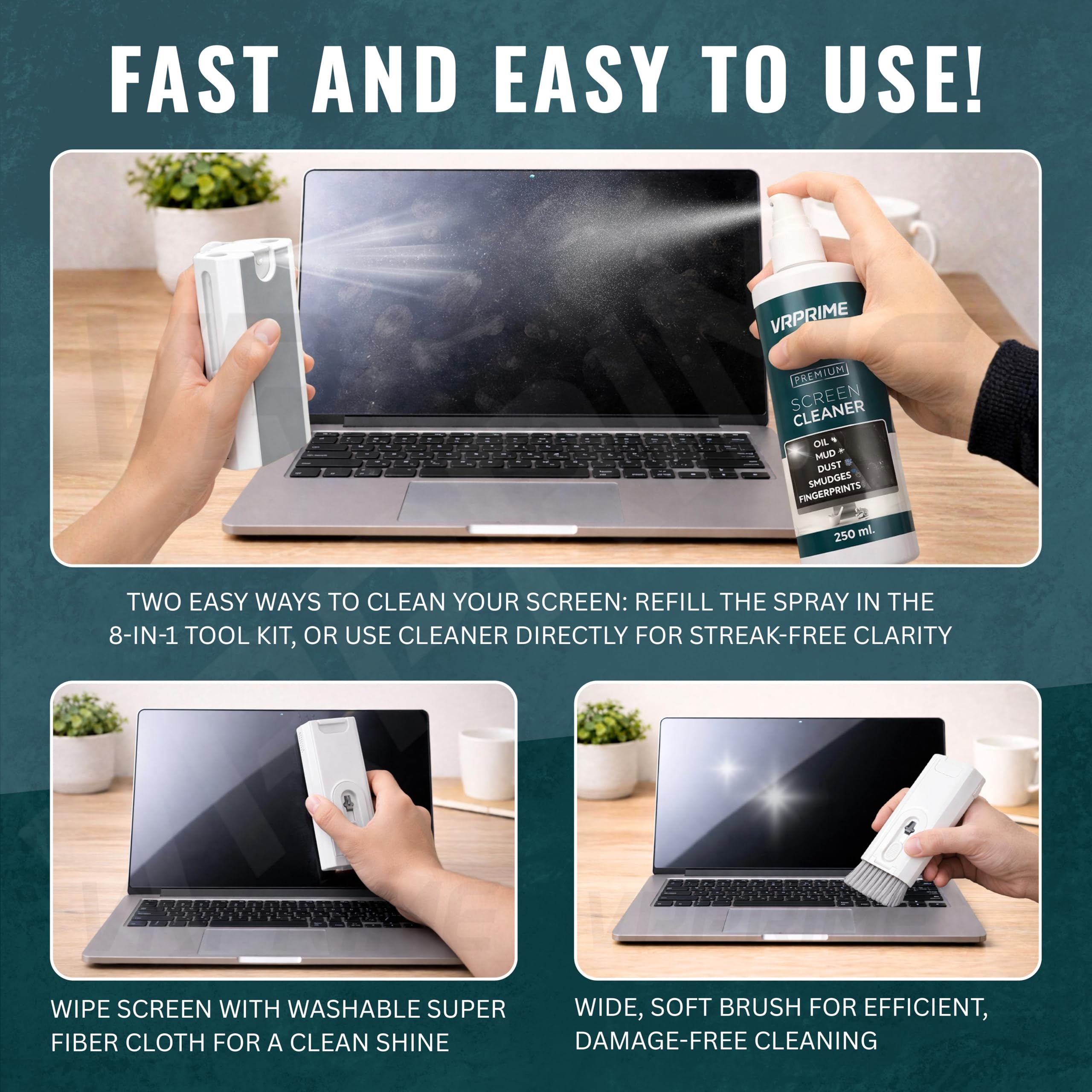 VR PRIME Laptop Cleaner Kit 8-in-1 | Tool for Cleaning Keyboard, Earbuds or Screens | Laptop Cleaning Kit Combo with 250Ml Screen Cleaner Liquid Spray 4