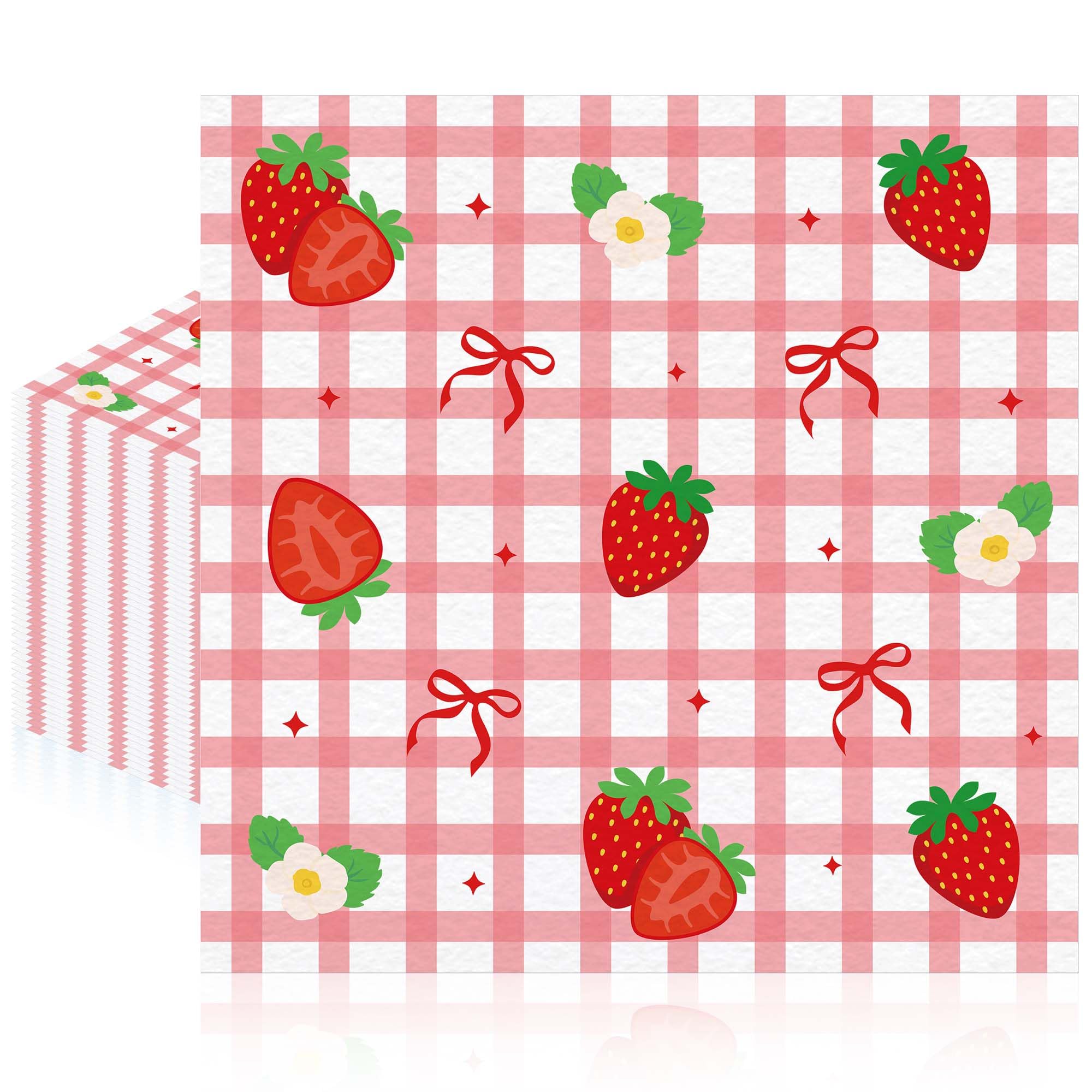 50 Pcs Strawberry Birthday Party Napkins - Strawberry Party Supplies Party Decoration, Bow & Red White Plaid Design Paper Napkins, Disposable Fruit