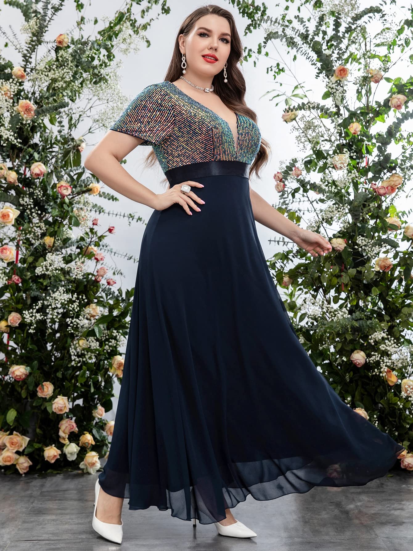 Amazon.com: REDESYN Women's Dresses Women's Clothing Plus Sequin Insert  Plunging Neck Chiffon Prom Dress Dresses Plus Size (Color : Navy Blue, Size  : 5X-Large) : ,