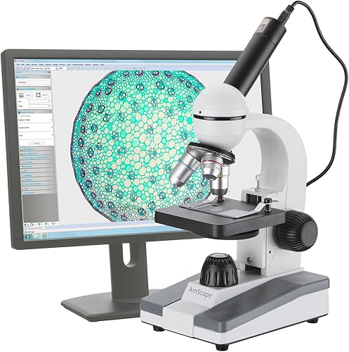 AmScope Microscopio monocular compuesto digital M148-E, ocular WF10x, aumento 40x-400x, iluminación LED, campo brillante, condensador de lente