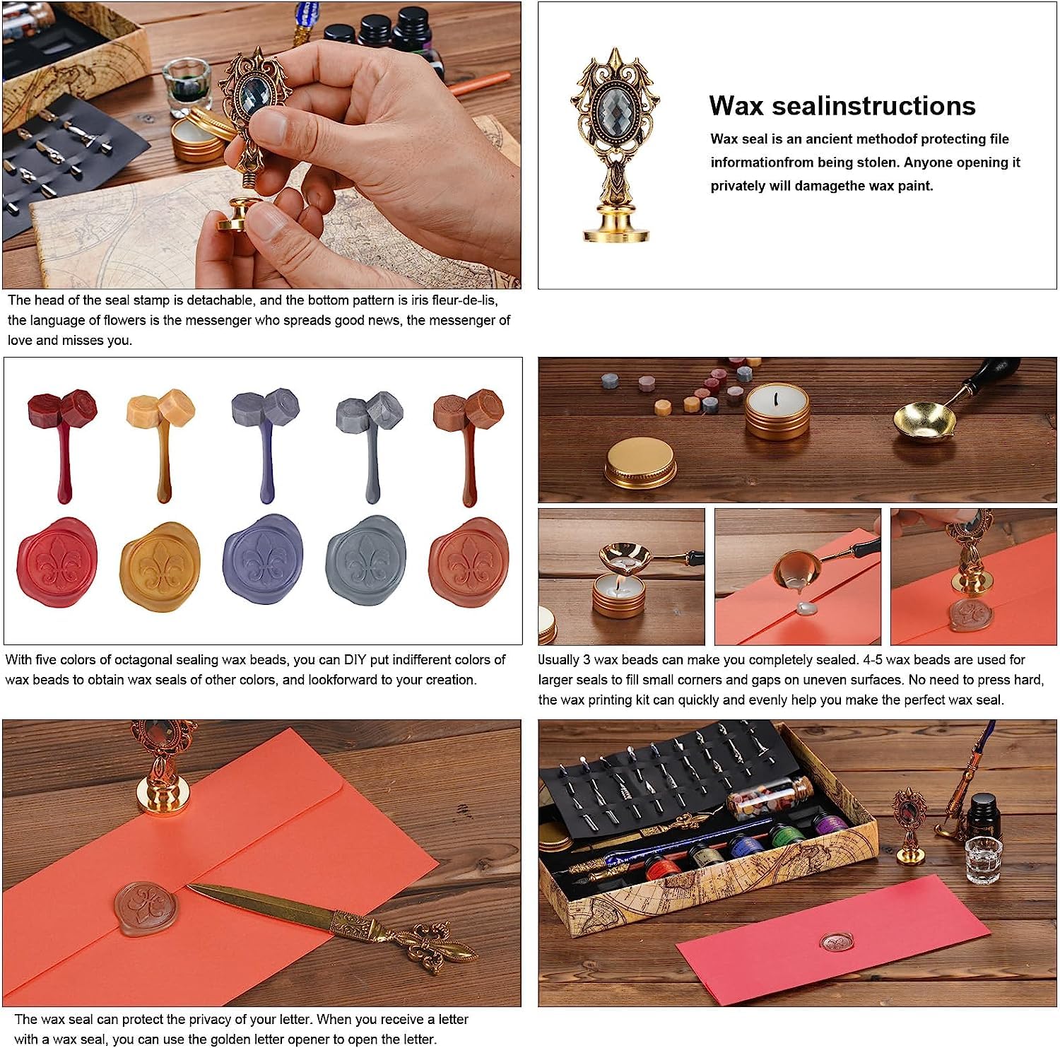 Joyeee Feder Kalligraphie Stift und Tinte Set, mit Vintage Schreibkiel Stift, Glas Dip Pen, Holz Dip Pen, Stiftfedern, Stifthalter, Wachsperlen, Siegelstempel, Schmelzlöffel und Geschenkboxen #83