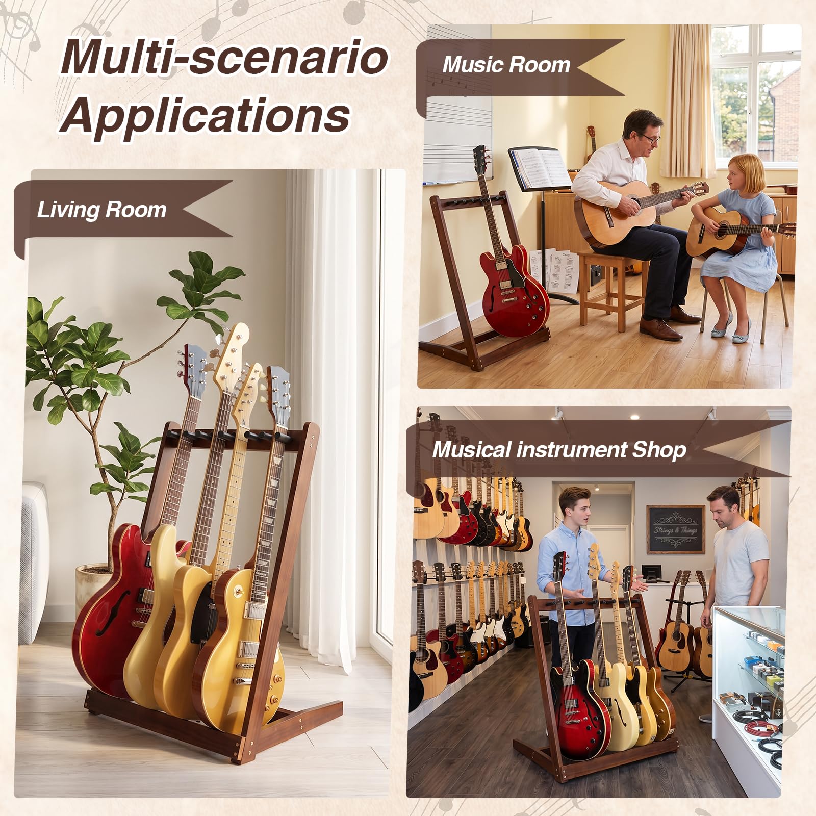 Soporte de madera para 5 guitarras, pie en el suelo, soporte múltiple para guitarra, soporte múltiple para exhibición para estudio y hogar, adecuado para guitarras eléctricas, Akusti