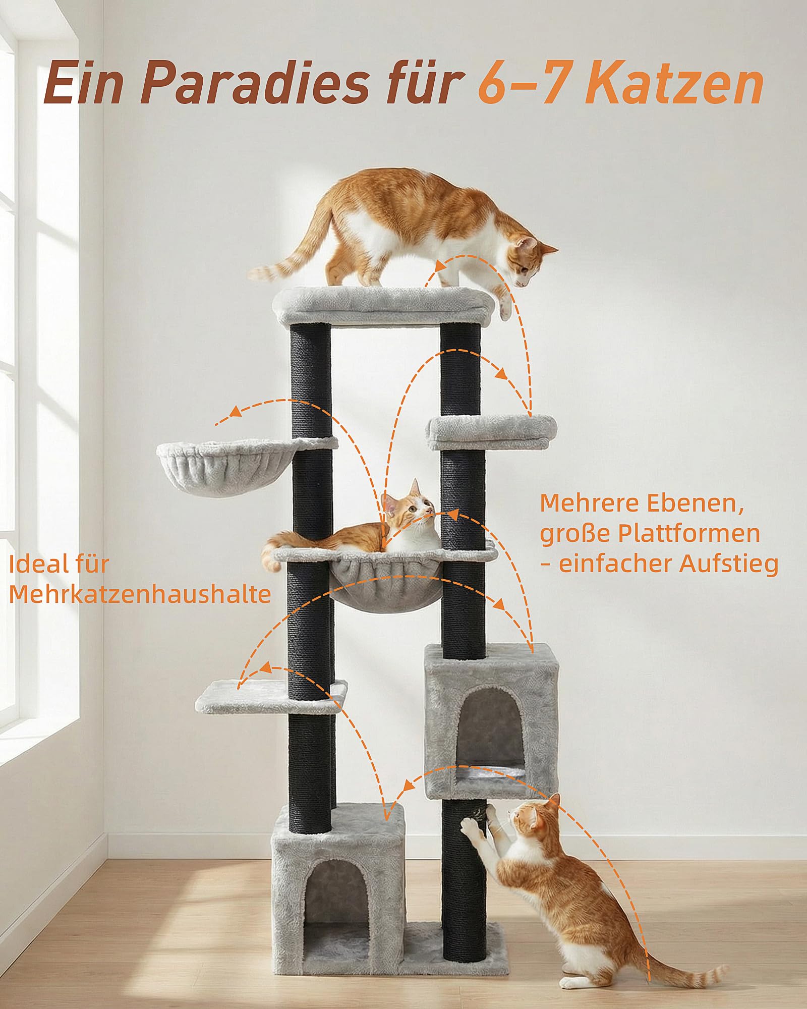 Kratzbaum für Große Katzen, 164cm Kratzbaum Groß, 11cm d Stämme | Kratzbaum Grosse Katzen Stabil, 2 Hängematte, 2 Plüschplattform, 2 Höhle, Mehrstöckiger Katzenbaum für Große Katzen, Grau