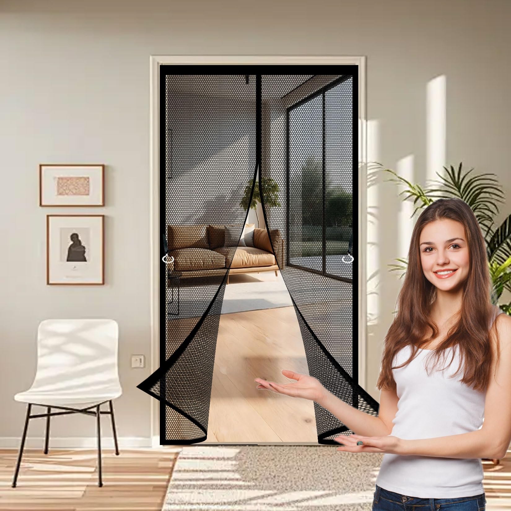 Magnetic Screen Door 110 x 264 cm with Magnets, Magic Tapes, Polyester Fly Screens for Doors No Drill Installation, Keep Bugs Out for Keeping Out Flies, Black