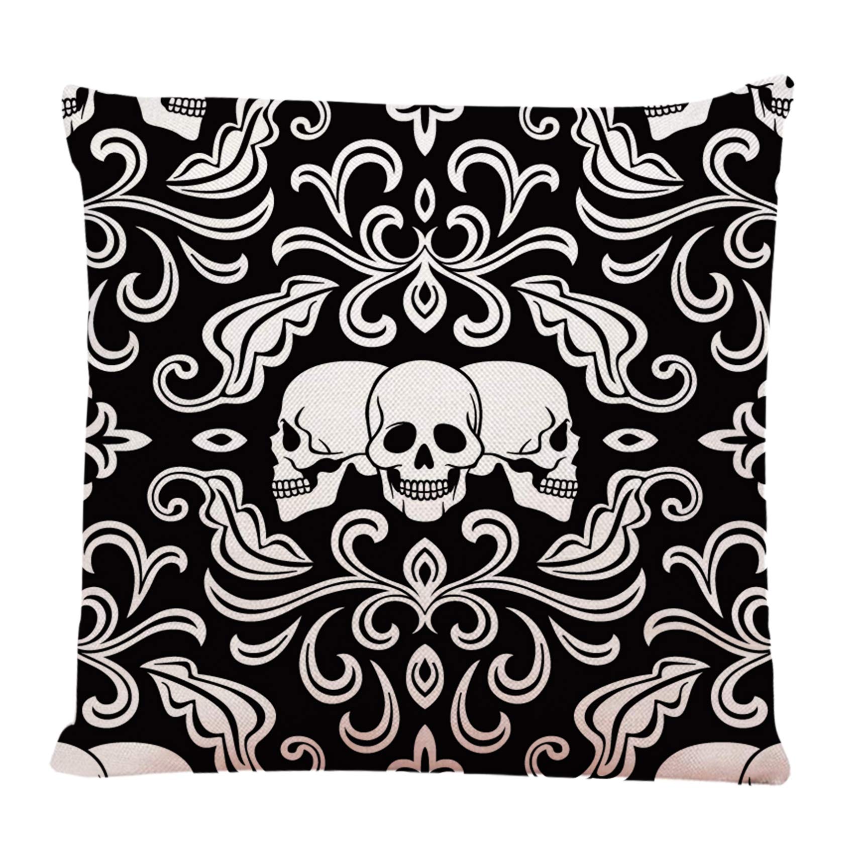 Ofocam Throw Pillow Cover Pattern Skulls Damask Black Halloween White Pirate Square Decorative Throw Pillow Cushion Case for Home Couch Living Room Bed Sofa Car 18 x 18 Inches Pillowcase