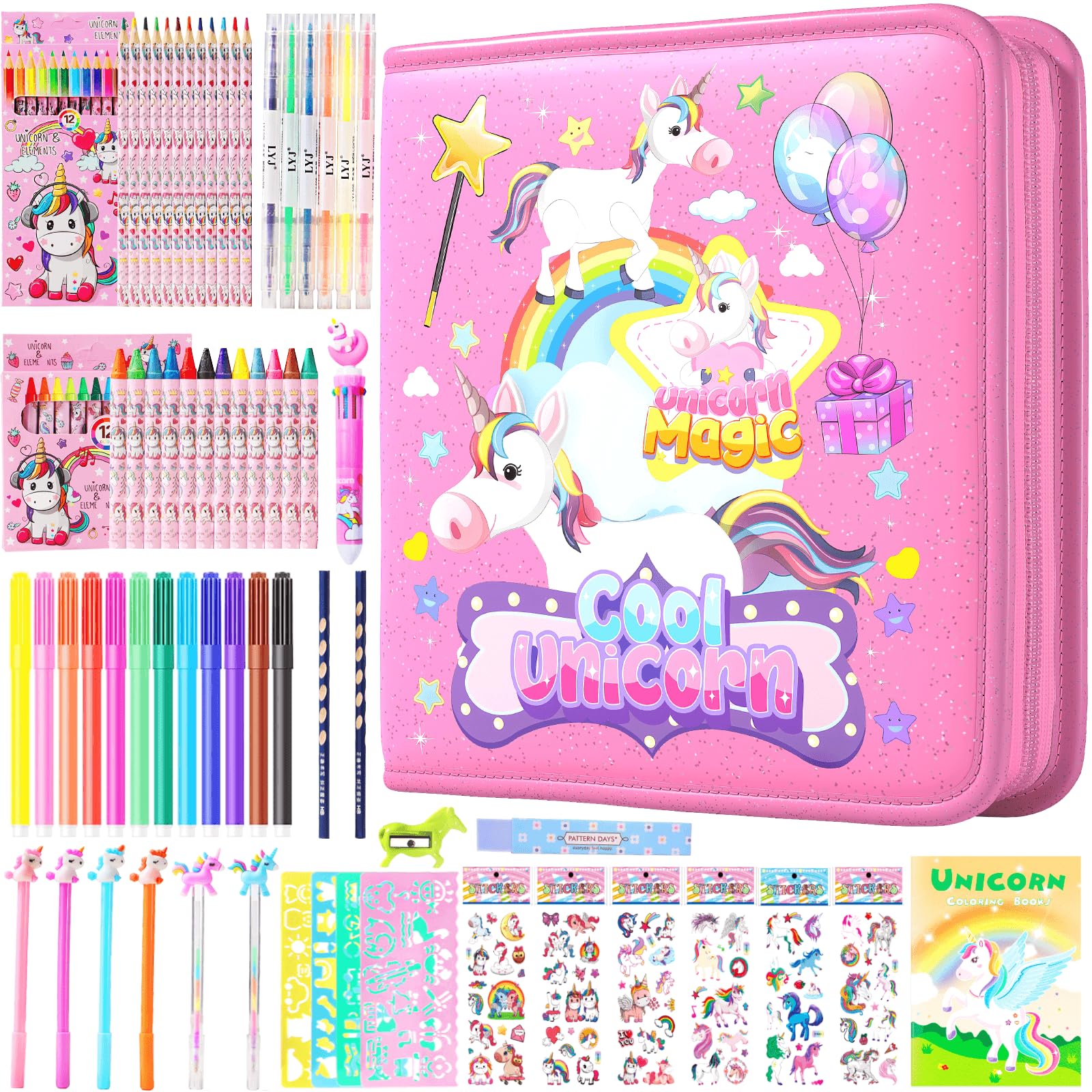 Markers Set 65 Pcs- Art Coloring Drawing Kits for Kids with Unicorn Pencil Case,Crayon&Markers Stuff, Birthday Gifts for Girls 4-12 Year Old Unicron Magic