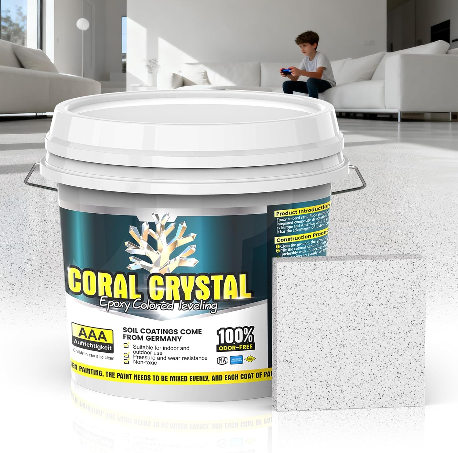 Epoxy Colored Sand Floor Paint for Concrete (105 Fl Oz),Self-leveling Epoxy Floor Paint - Easy Pour & Roll Application to Waterproof & Renew Garage,Porch,Basements,Patios,Outdoor(White Gray,Net Content 5KG)