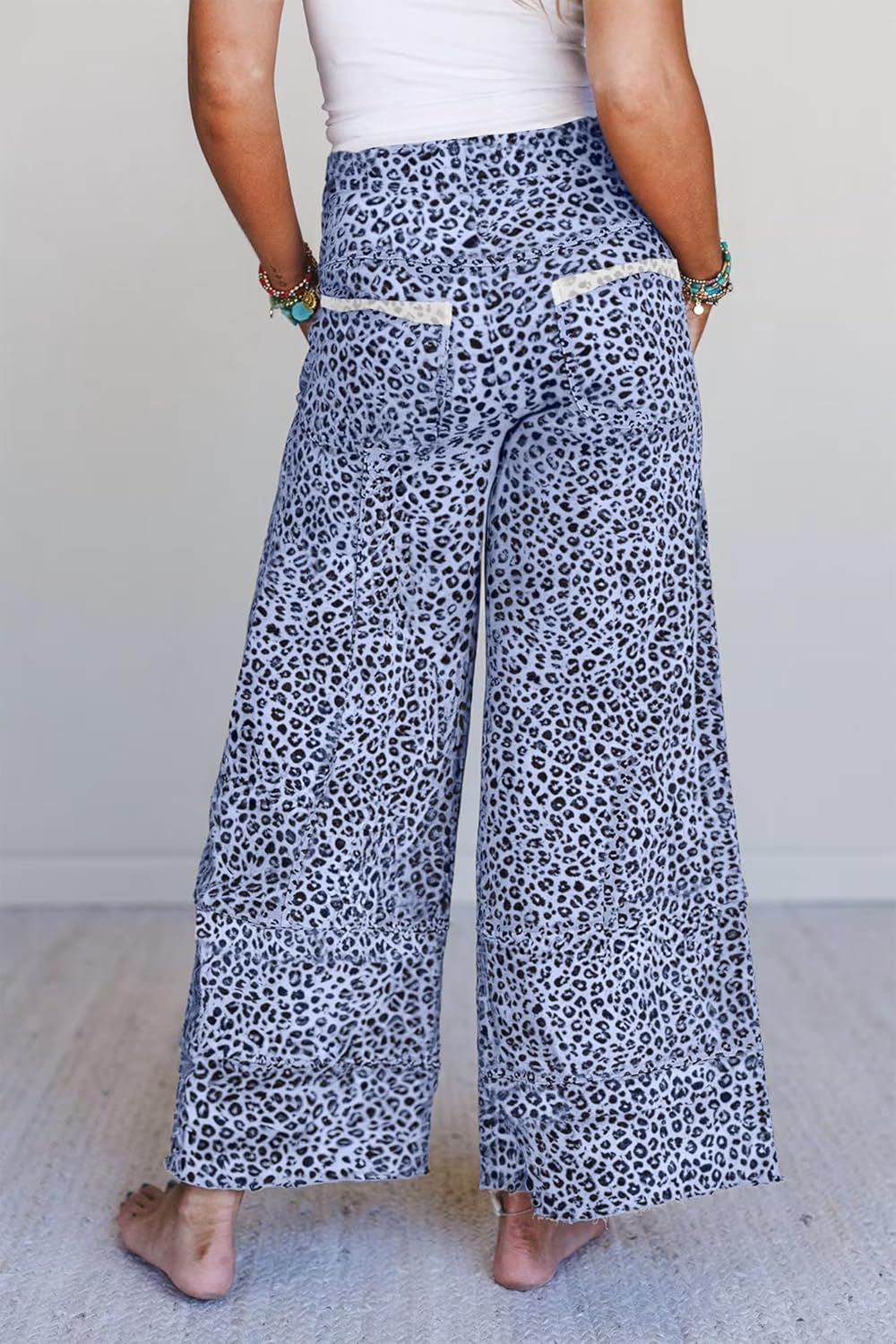 Women's Leopard Print Pants High Waist Wide Leg Drawstring Slacks Animal Print Terry Knit Trousers with Pockets - Image 2
