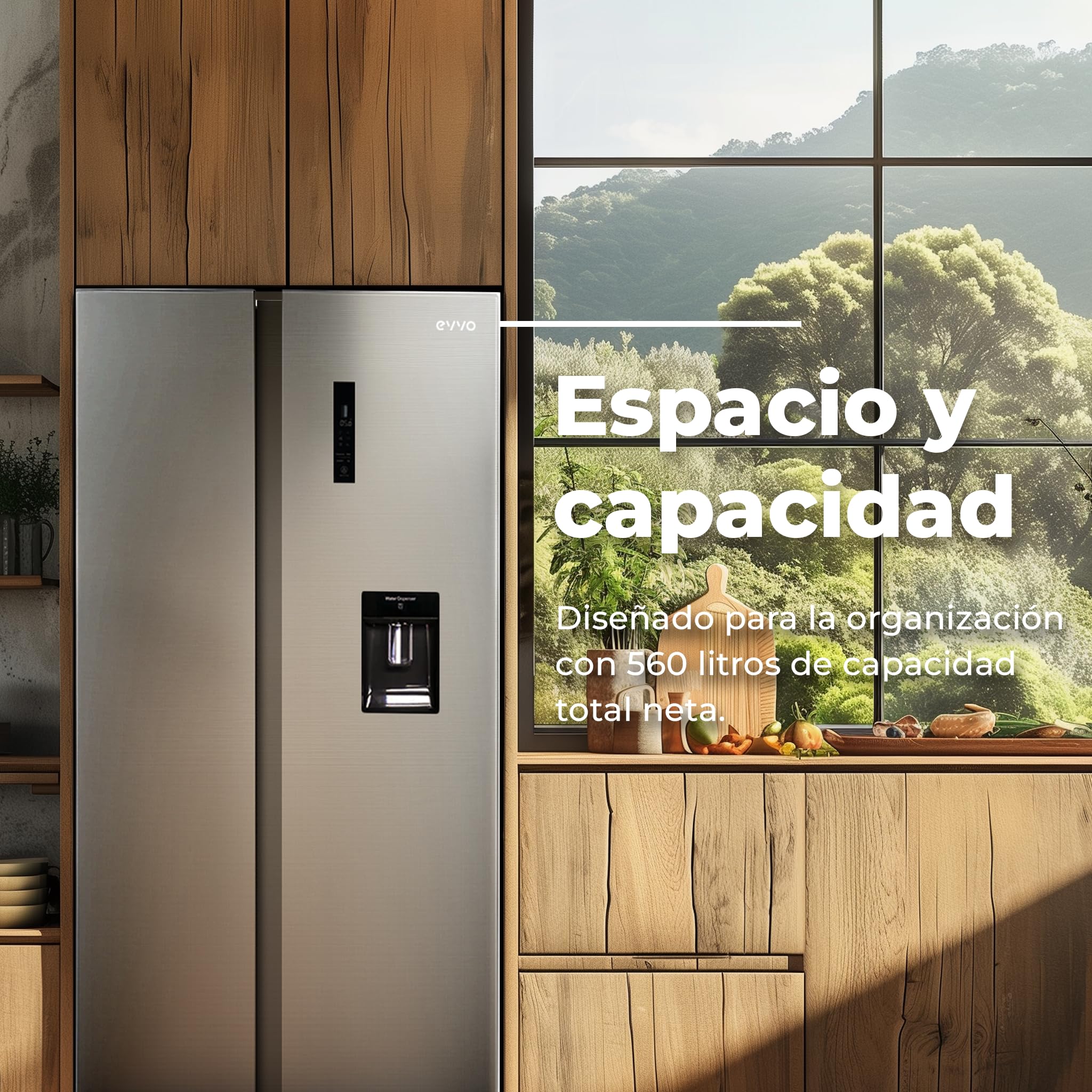 EVVO Frigorífico Americano 2 Puertas, Total No Frost, Compresor Inverter, Capacidad frigorífico 356L y 203L Nevera, Dispensador de Agua, Elegante Display Integrado, Modelo: F90X Aqua (Acabado Inox)