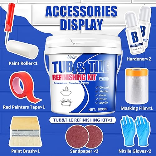 Miniatura 2 de Kit de reacabado de bañera y azulejos, pintura blanca semibrillante de 35 onzas con herramientas para bañera, fregadero y encimera para baño,
