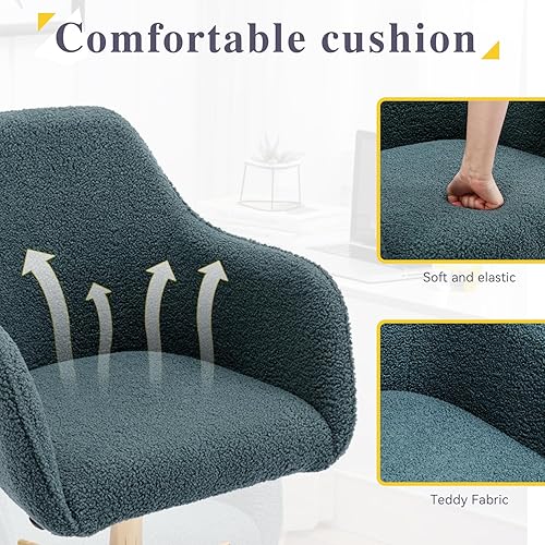 Miniatura 6 de Silla de oficina en casa de terciopelo, bonita silla giratoria de escritorio con ruedas, moderna silla de tocador ajustable con base dorada para