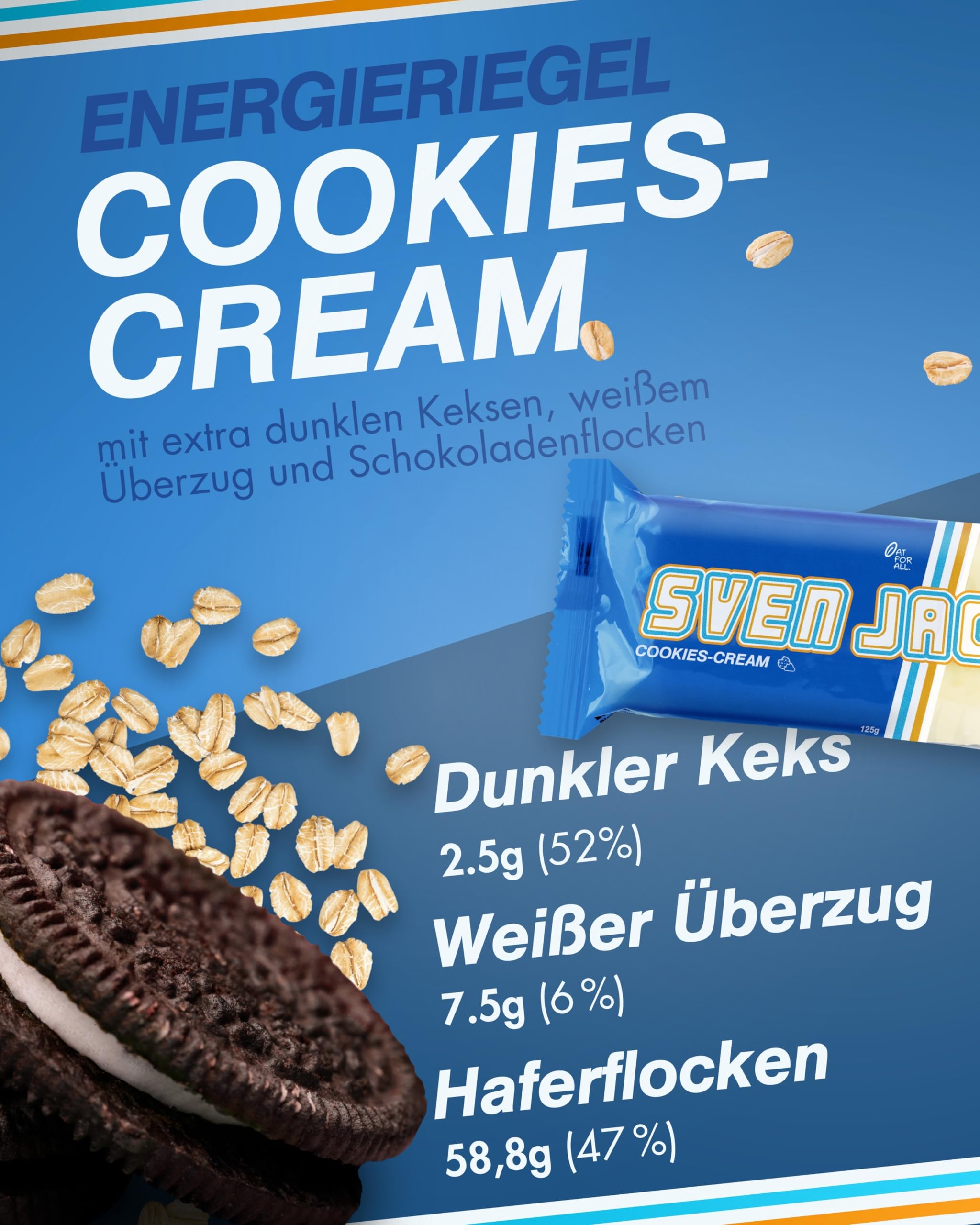 Sven Jack (Energy Cake) - Cookies-Cream 24x 125g (3kg) - Fitness Riegel aus Haferflocken mit langkettigen Kohlenhydraten – Energieriegel Sattmacher für den Alltag & unglaublichem Geschmack