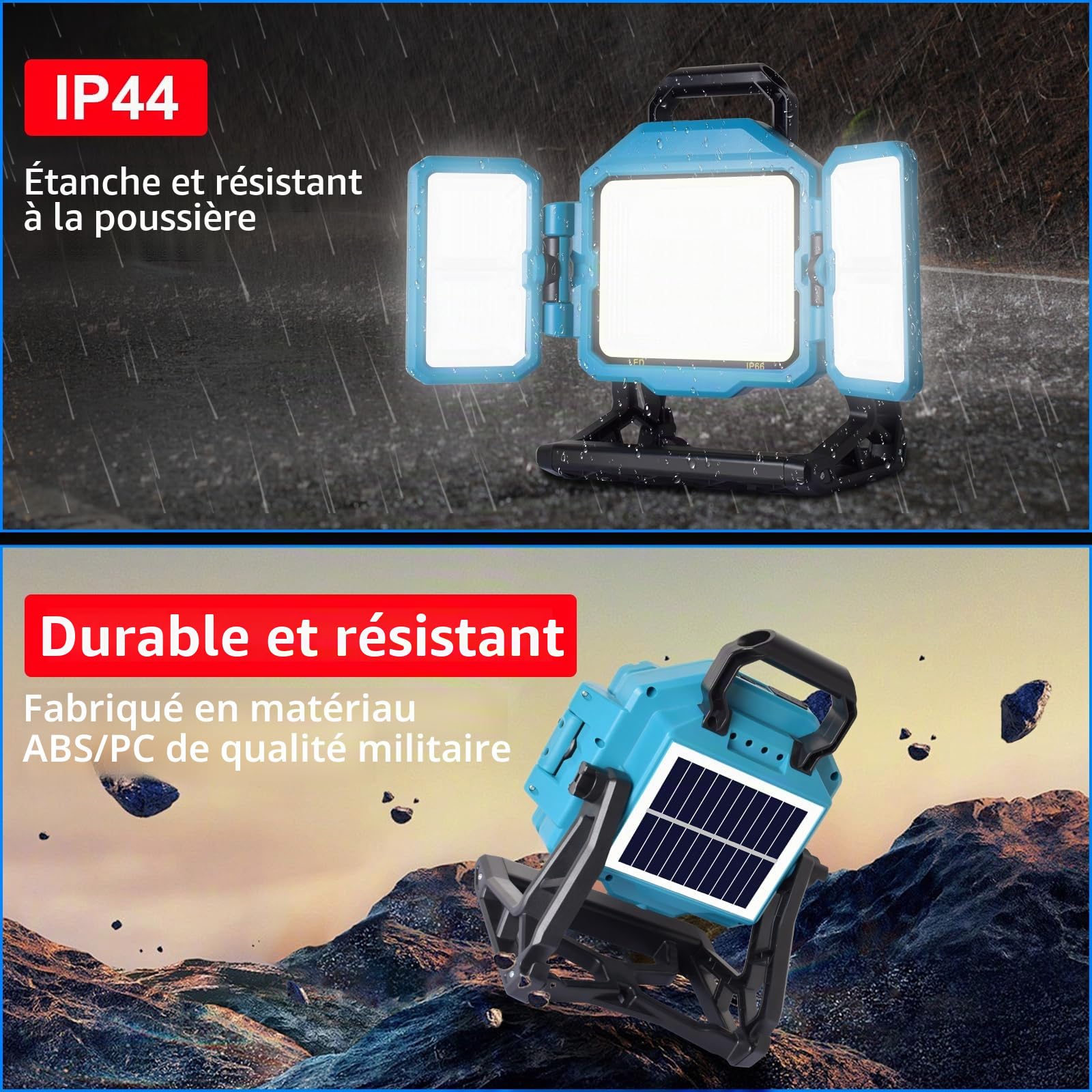 MASMEJOR Projecteur LED Rechargeable, 300W, 25000mAh, 3 Panneaux Solaires | 30000LM, 752LEDs, 4 Modes de Éclairage, Sortie USB, IP44, Portable pour Chantier, Garage, Urgences, Camping, Pêche