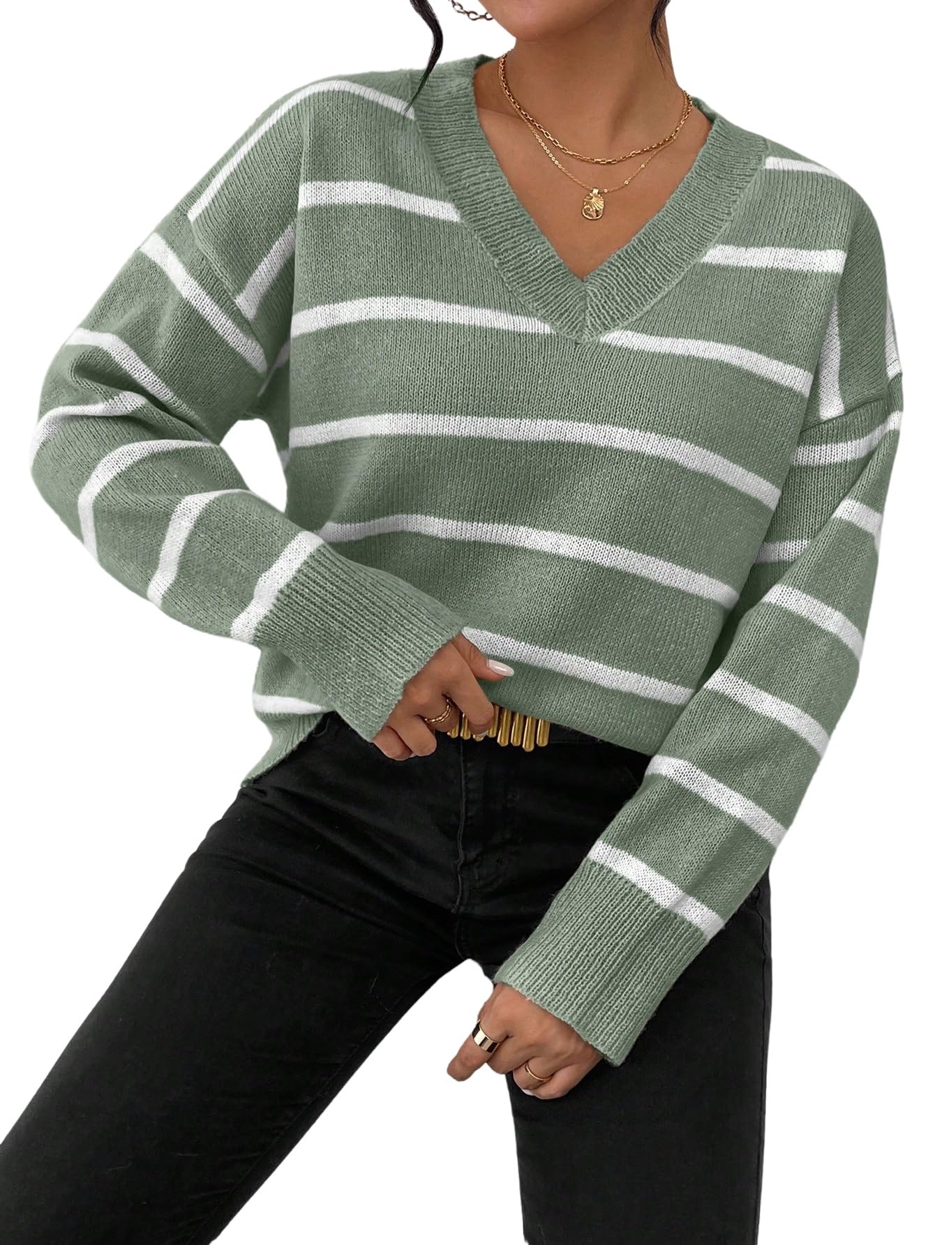 GORGLITTER Maglione invernale da donna a righe con scollo a V, maglia grossa, maglione oversize