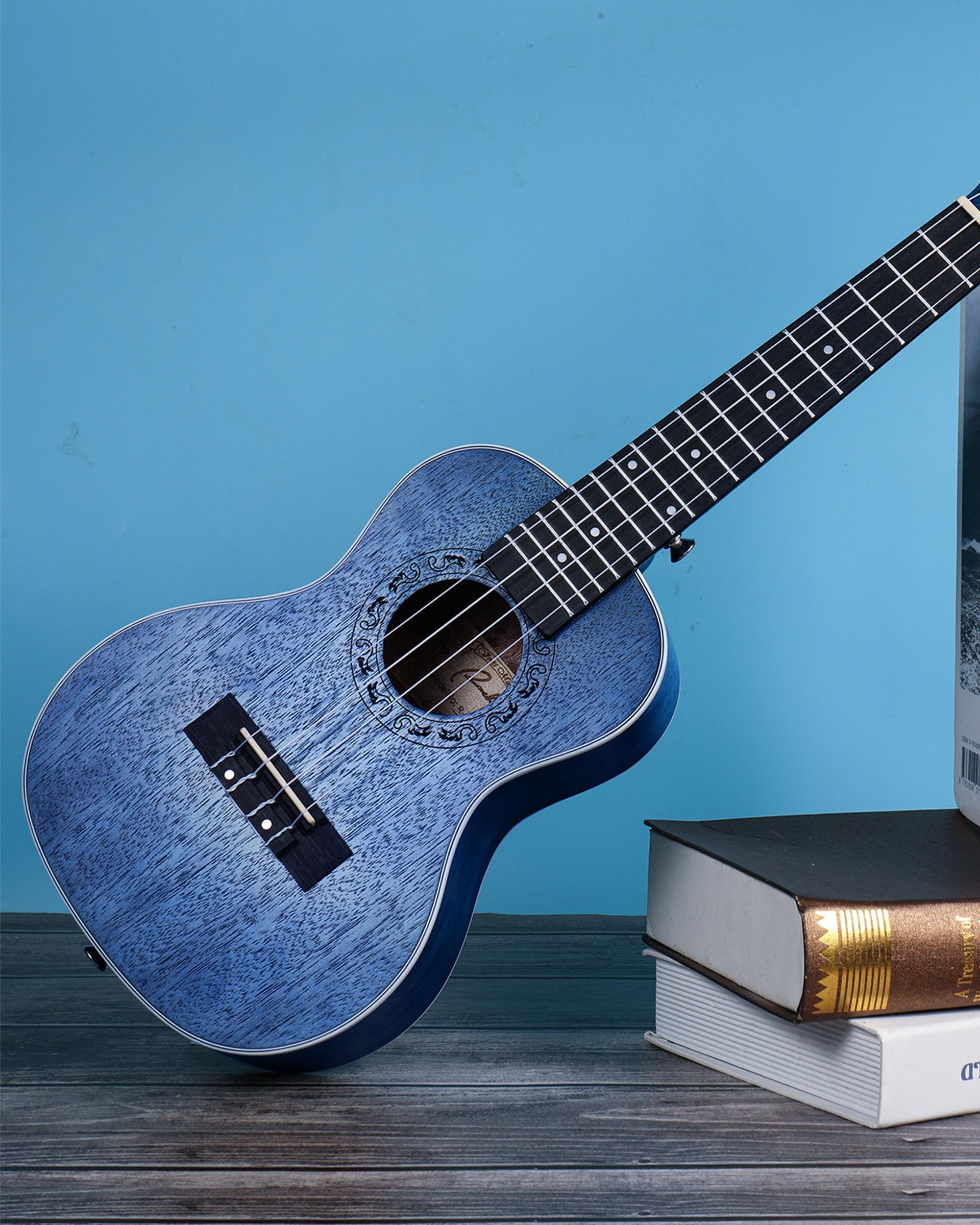 Tenor Ukulele Ranch 66 cm profesjonalny drewniany instrument ukelele z darmowymi lekcjami online i torbą koncertową, mała gitara hawajska, gwiaździsty niebieski