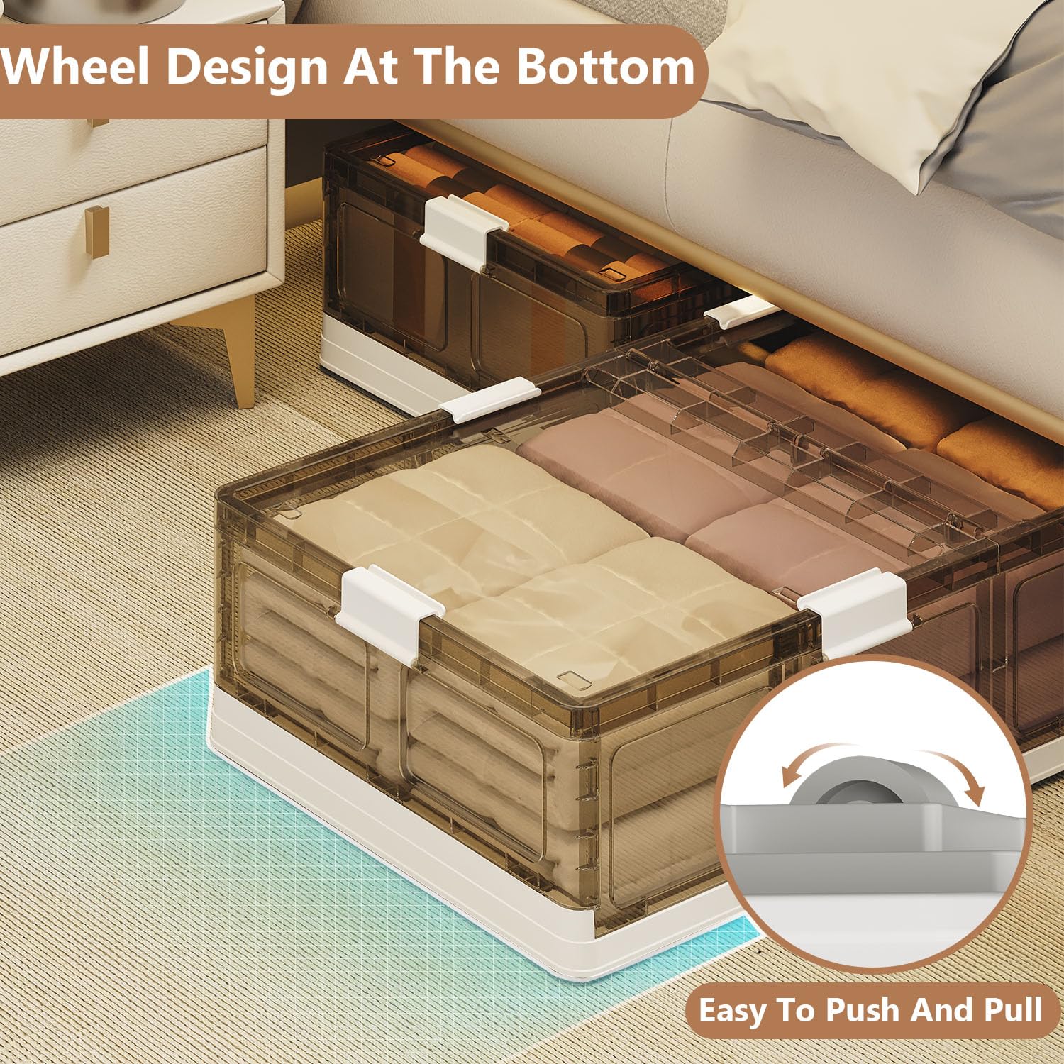 Desricy 17Gal/70Qt Under Bed Flat Storage Bins With Lids,Rolling Foldable Under Bed Storage Basket Drawer,Plastic With Wheels Stackable Under Bed & Sofa Storage Box