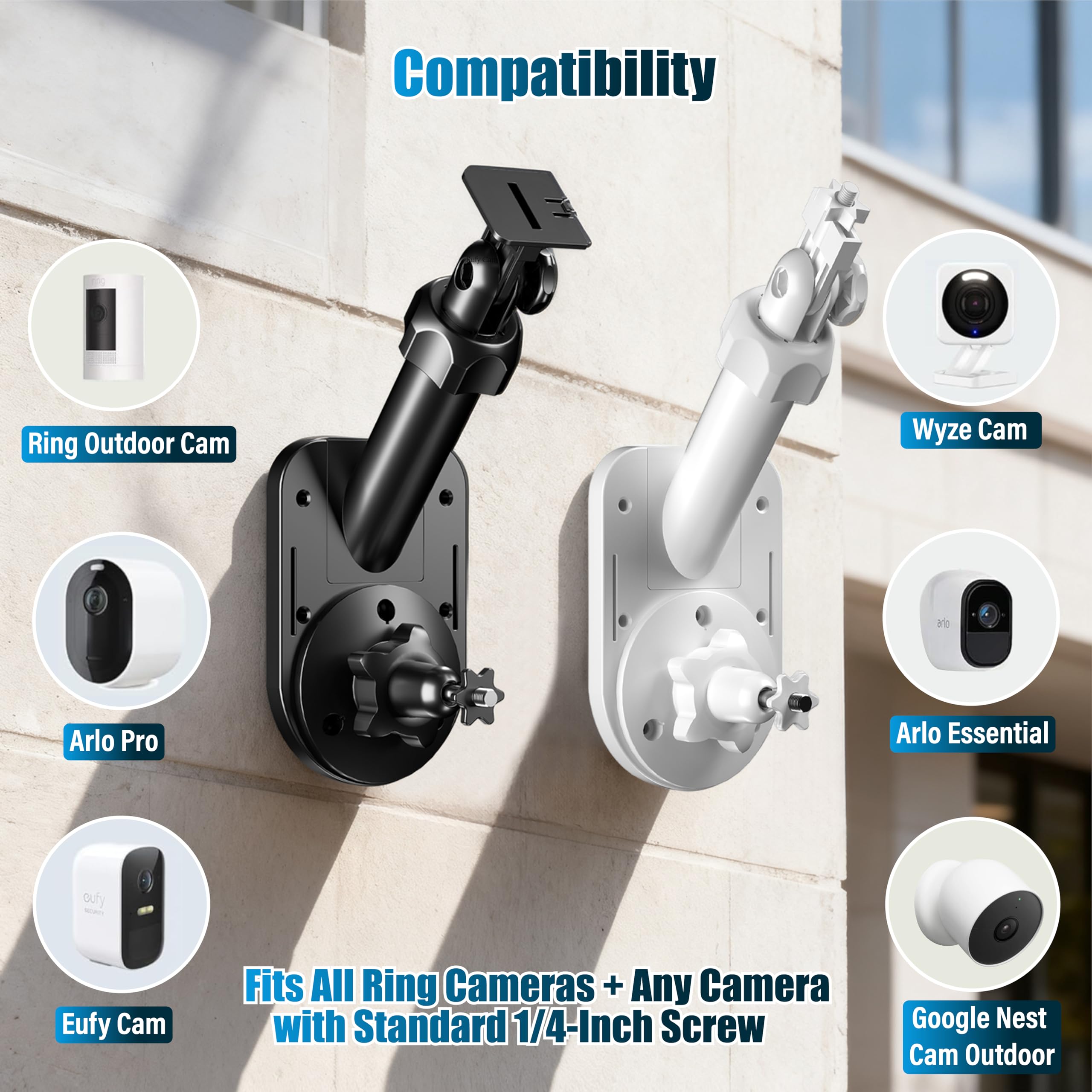 Uchwyt ścienny 2 w 1 do Ring Spotlight Cam Pro/Plus, Stick Up Cam i paneli słonecznych, uniwersalna śruba 1/4" do Arlo, Eufy, Wyze i innych kamer słonecznych i ładowarek