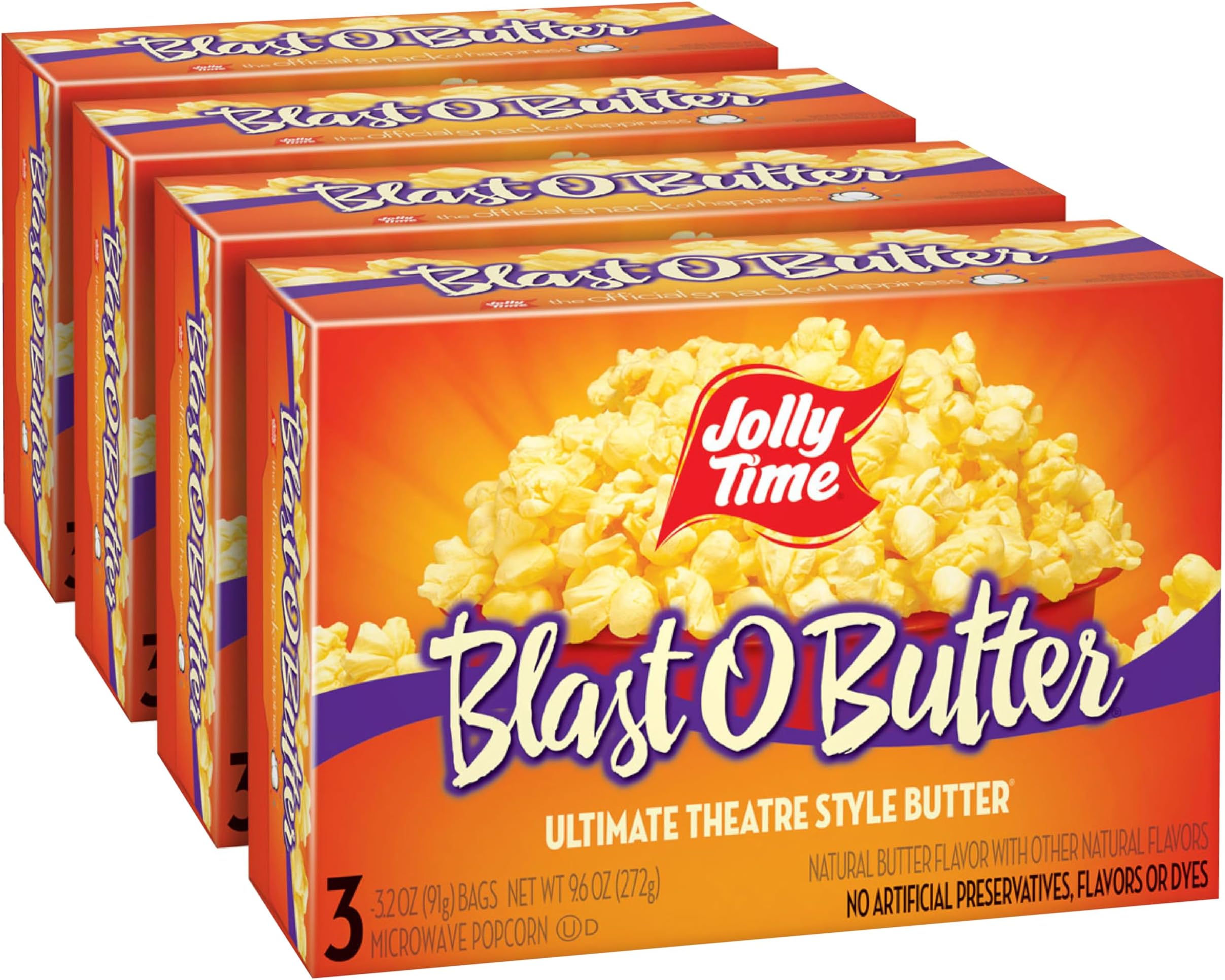 Jolly Time Blast O Butter, Ultimate Movie Theater Butter Microwave Popcorn, 3.2oz Sharing Bag, 3 Bags Per Carton (Blast O Butter, 3.2 Ounce (Pack of 12))