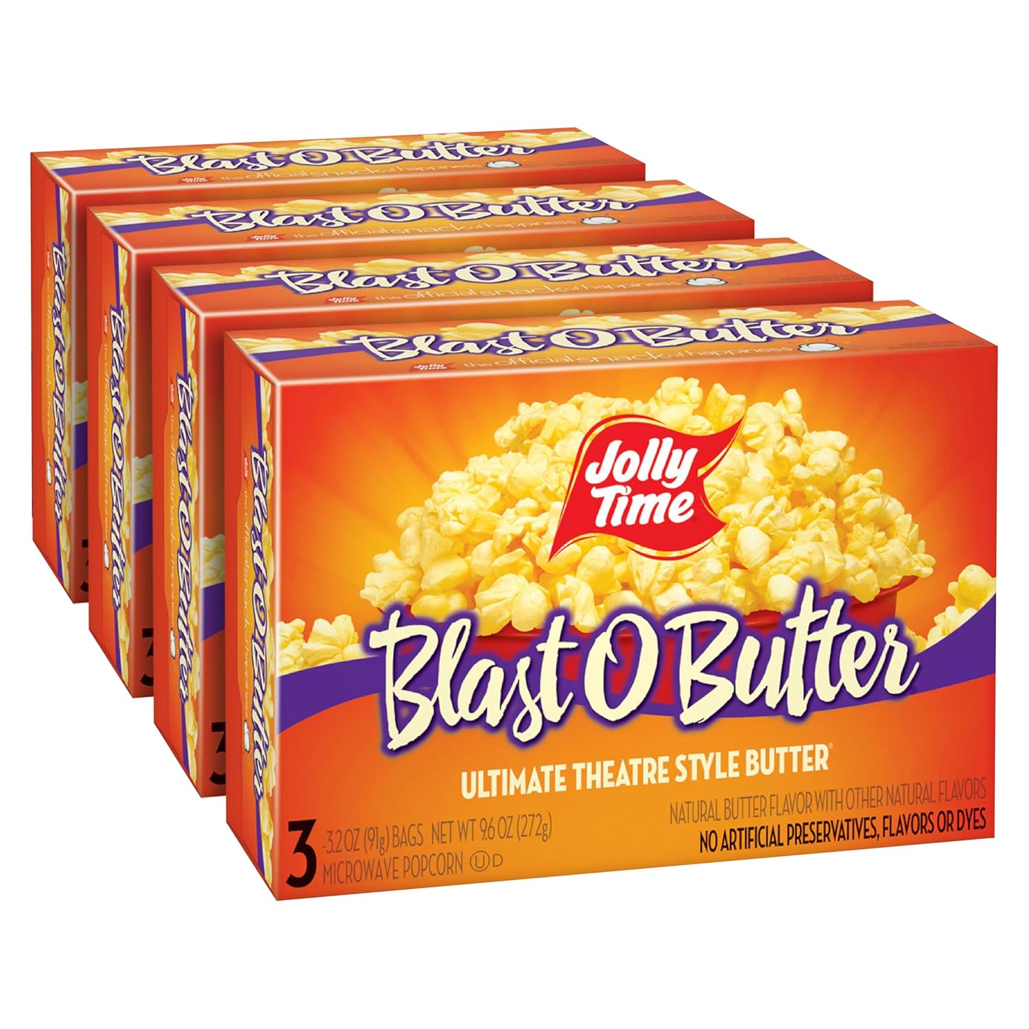 Jolly Time Blast O Butter Microwave Popcorn - Ultimate Movie Theater Butter Flavor, 3.2oz Bags, Pack of 12