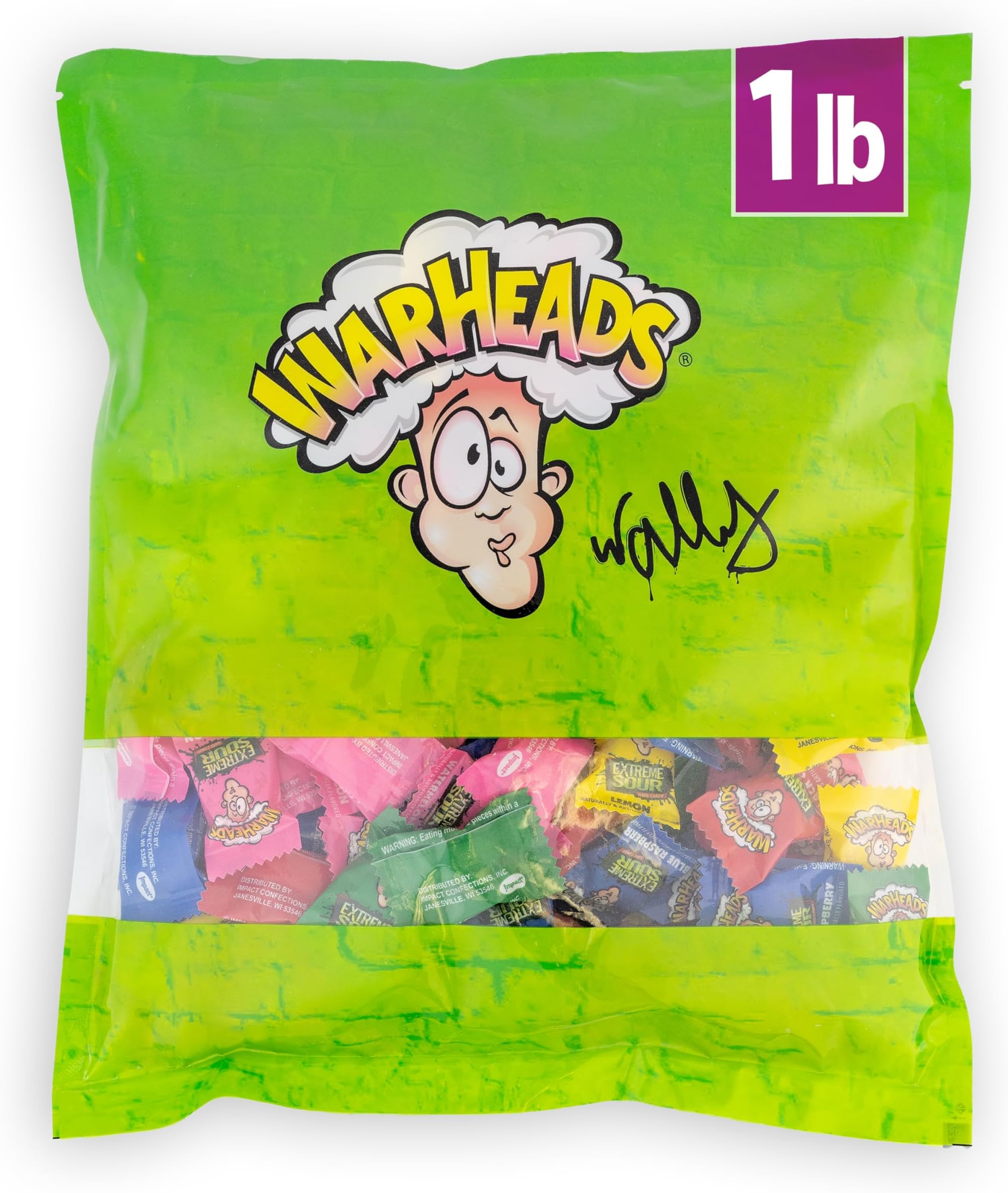 WARHEADS - Extreme Sour Hard Candy - Sour Apple, Black Cherry, Blue Raspberry, Lemon & Watermelon Flavors, Great for Parades- 1lb. Bulk Bag