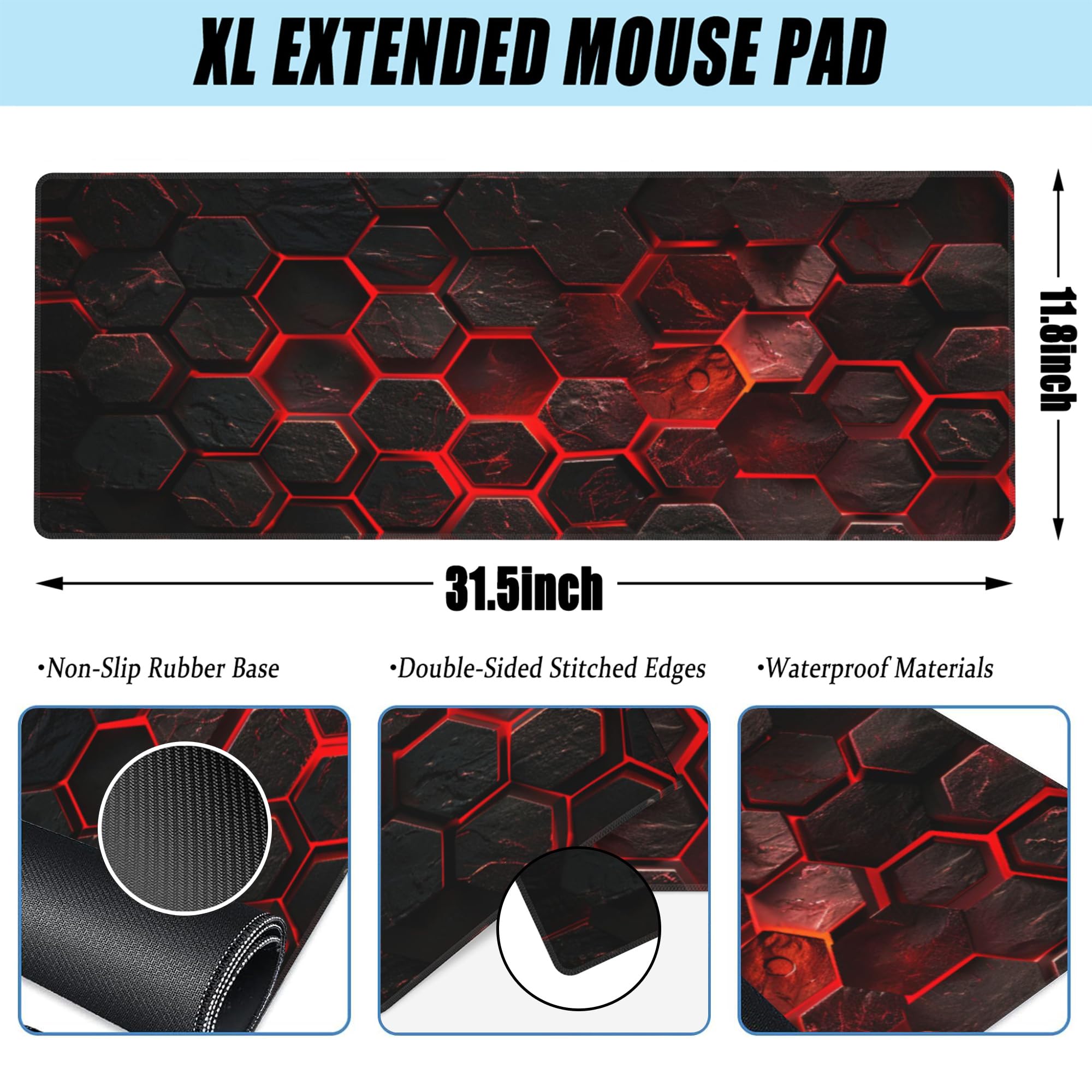 Alfombrilla de mouse grande para juegos, alfombrilla de escritorio con tecnología científica de panal rojo, almohadilla de escritorio hexagonal de panal, alfombrilla de mouse extendida para teclado de