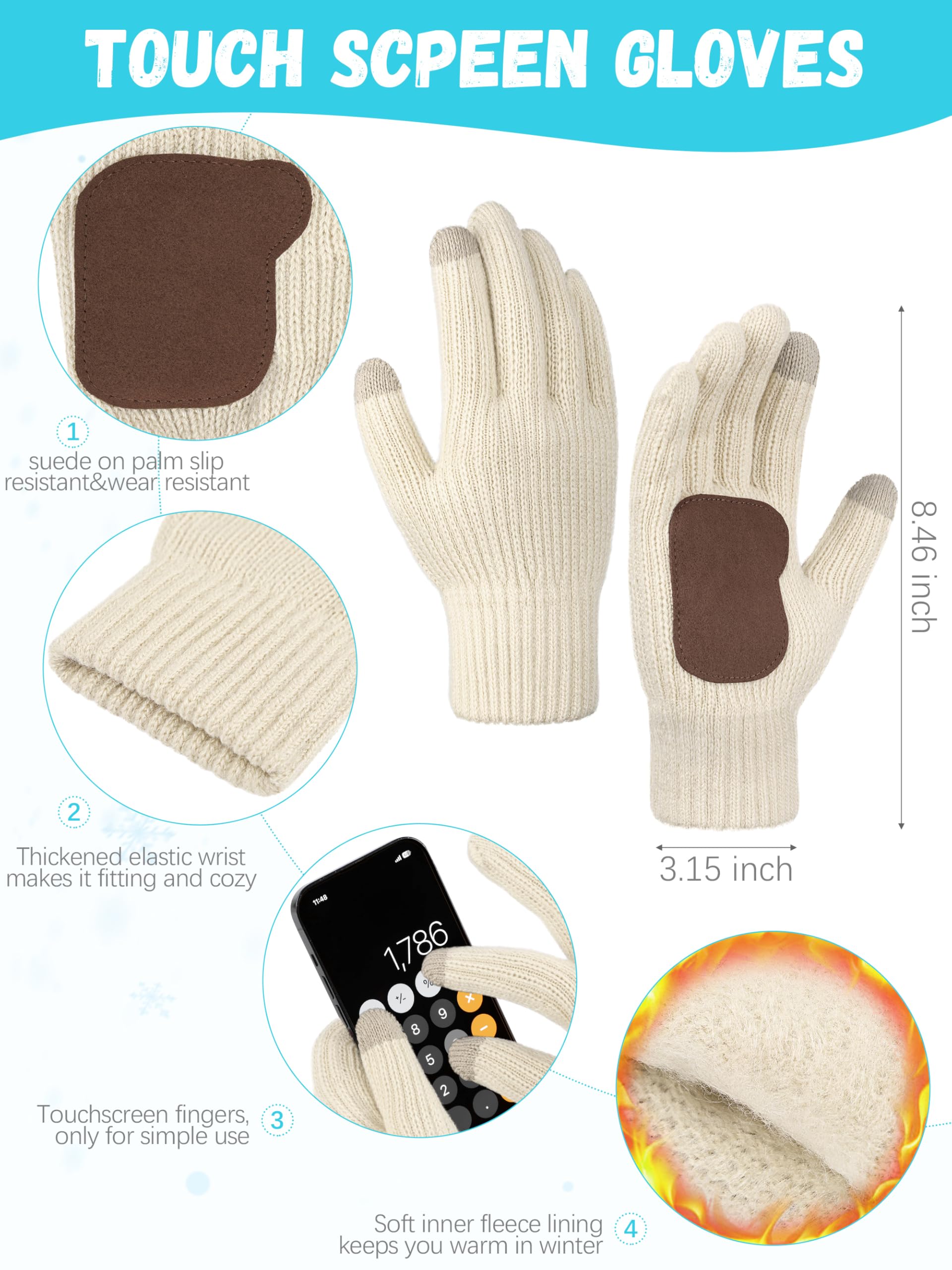 Wintermütze, Schal, Handschuhe, Set, Fleece-gefüttert, Bommelmütze, warm, gestrickt, langer Schal, Touchscreen-Handschuhe, Wintergeschenk für Damen