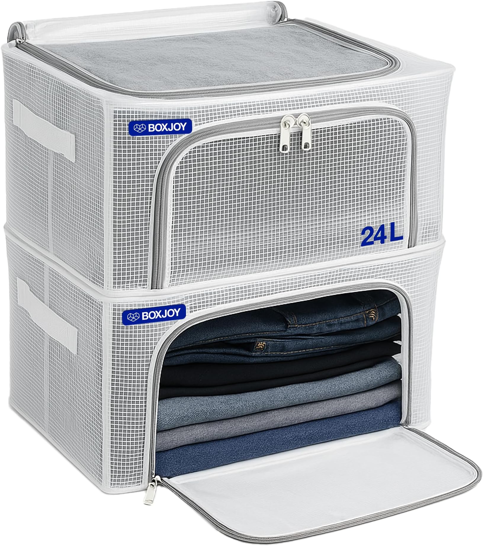 - BOXJOY Foldable 𝐒𝐭𝐞𝐞𝐥 𝐅𝐫𝐚𝐦𝐞 Transparent 24L Pack of 2 Clothes Storage Organizer Box for Saree Blankets with Clear Front and Top Open Almirah Wardrobe Cloth Cupboard Organiser Closet Basket