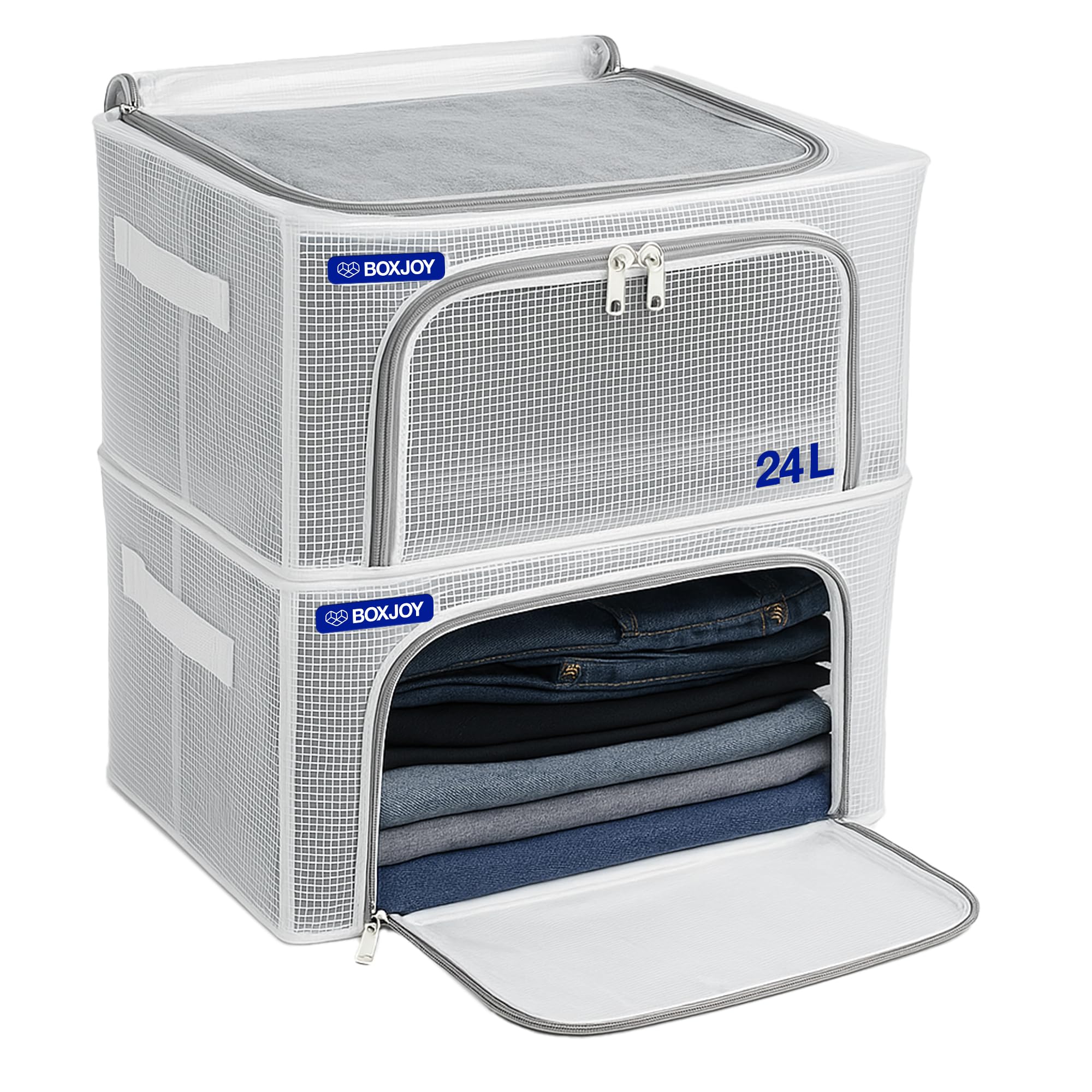 Foldable 𝐒𝐭𝐞𝐞𝐥 𝐅𝐫𝐚𝐦𝐞 Transparent 24L Pack of 2 Clothes Storage Organizer Box for Saree Blankets with Clear Front and Top Open Almirah Wardrobe Cloth Cupboard Organiser Closet Basket