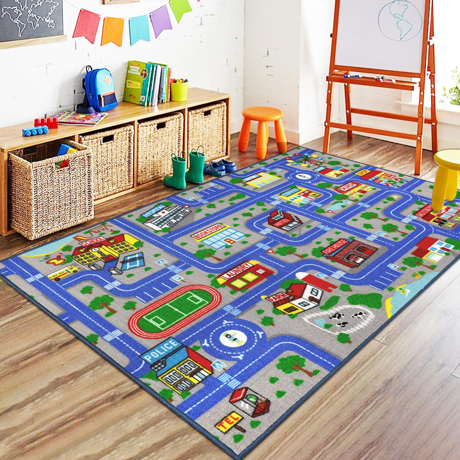 Kids Rugs For Playroom Car Rug Play Mat, Road Rug Kid Play Mat, Extra Large  Thick (78.7X59 Inch) City Map Carpet For Bedroom Classroom Kids Room Rug, image size:1600x1600