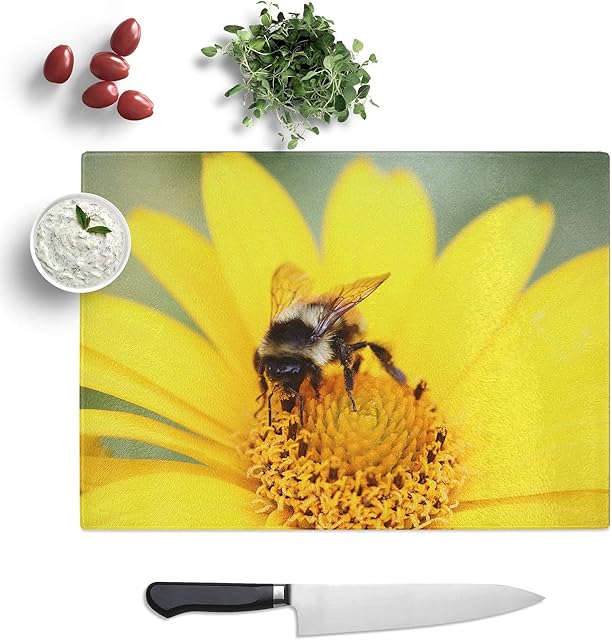 Glass Chopping Board - Bee Collecting Pollen Yellow Flower (1) - Textured Worktop Saver Cutting Board - Heat Resistant, Shatterproof and Hygenic - 39 x 28.5 cm