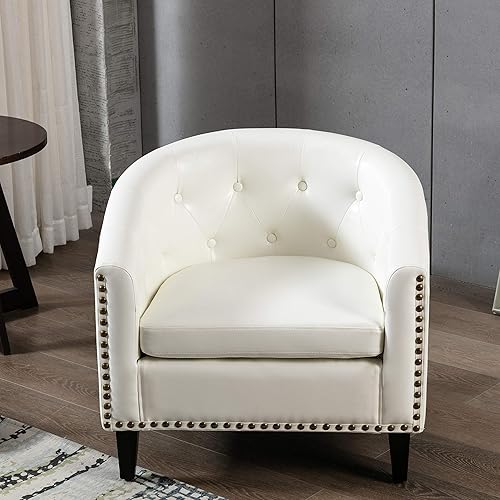 Miniatura 44 de Goujxcy Sillón de barril estilo club para sala de estar, acogedora y moderna silla de microfibra con cabeza de clavos y patas de madera maciza para